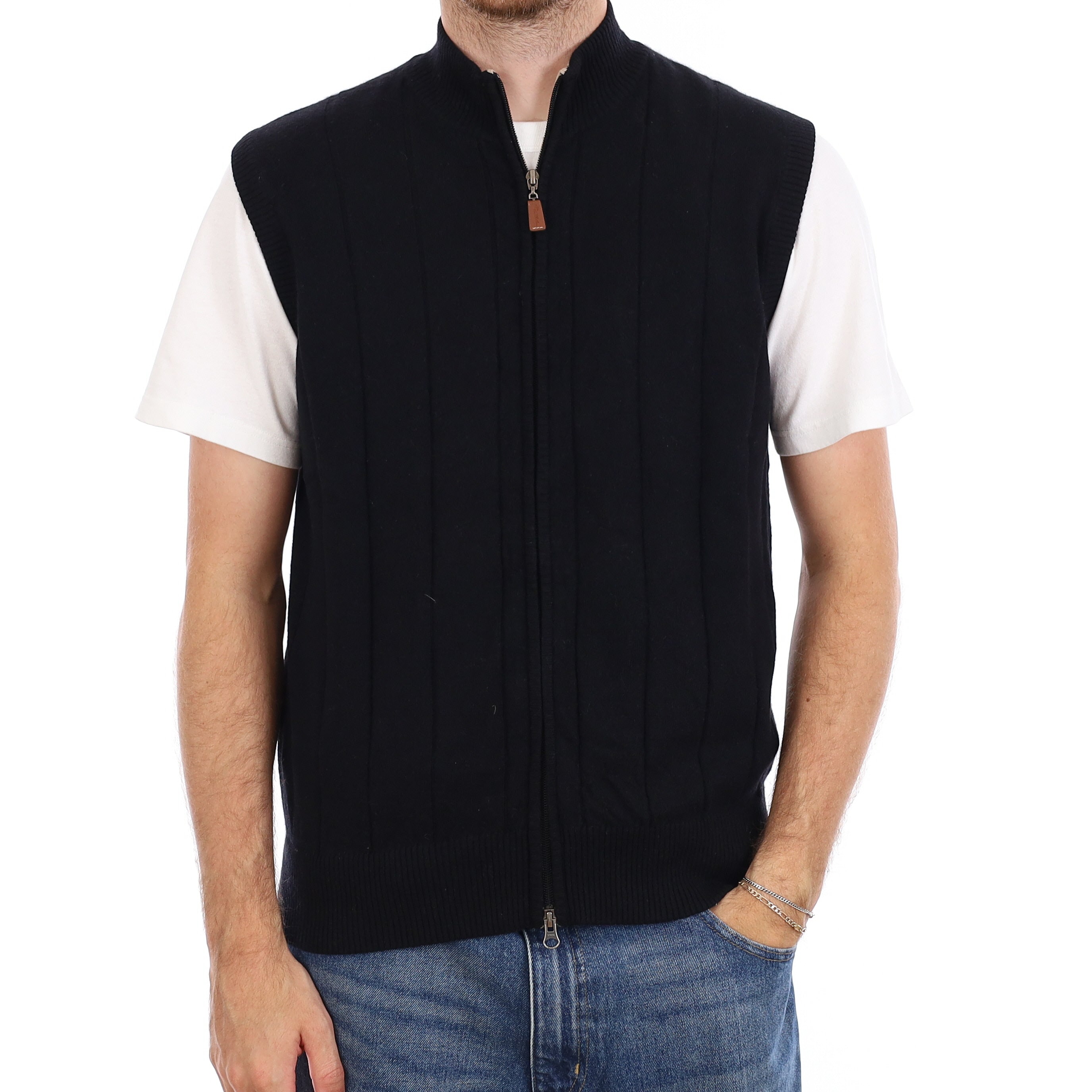 Men's Black Rib Cashmere Zip Up Turtleneck Gilet Medium