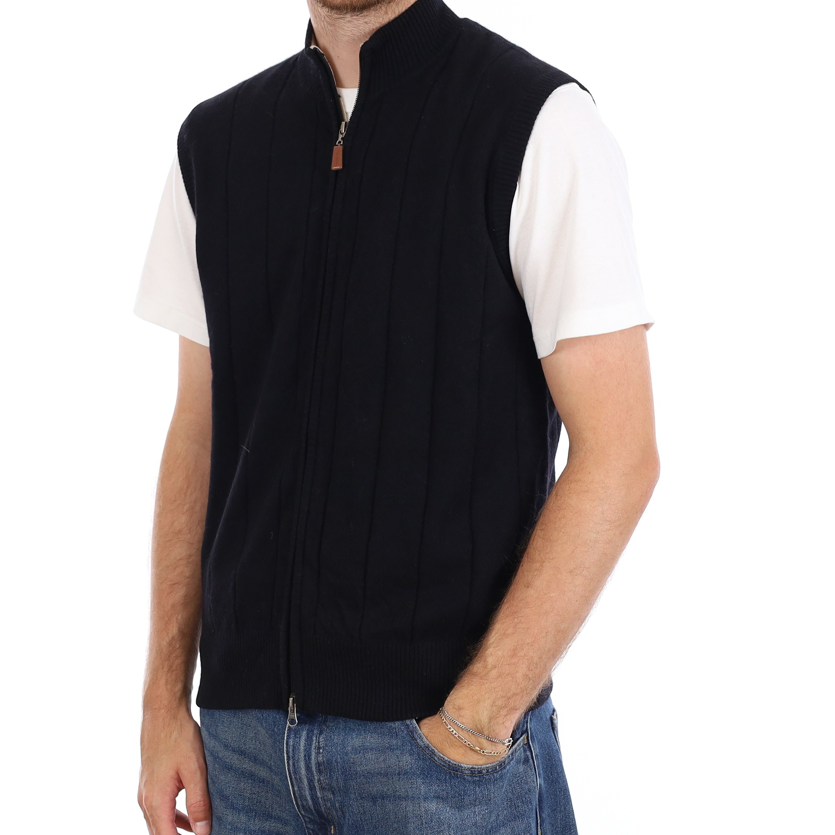 Men's Black Rib Cashmere Zip Up Turtleneck Gilet Medium