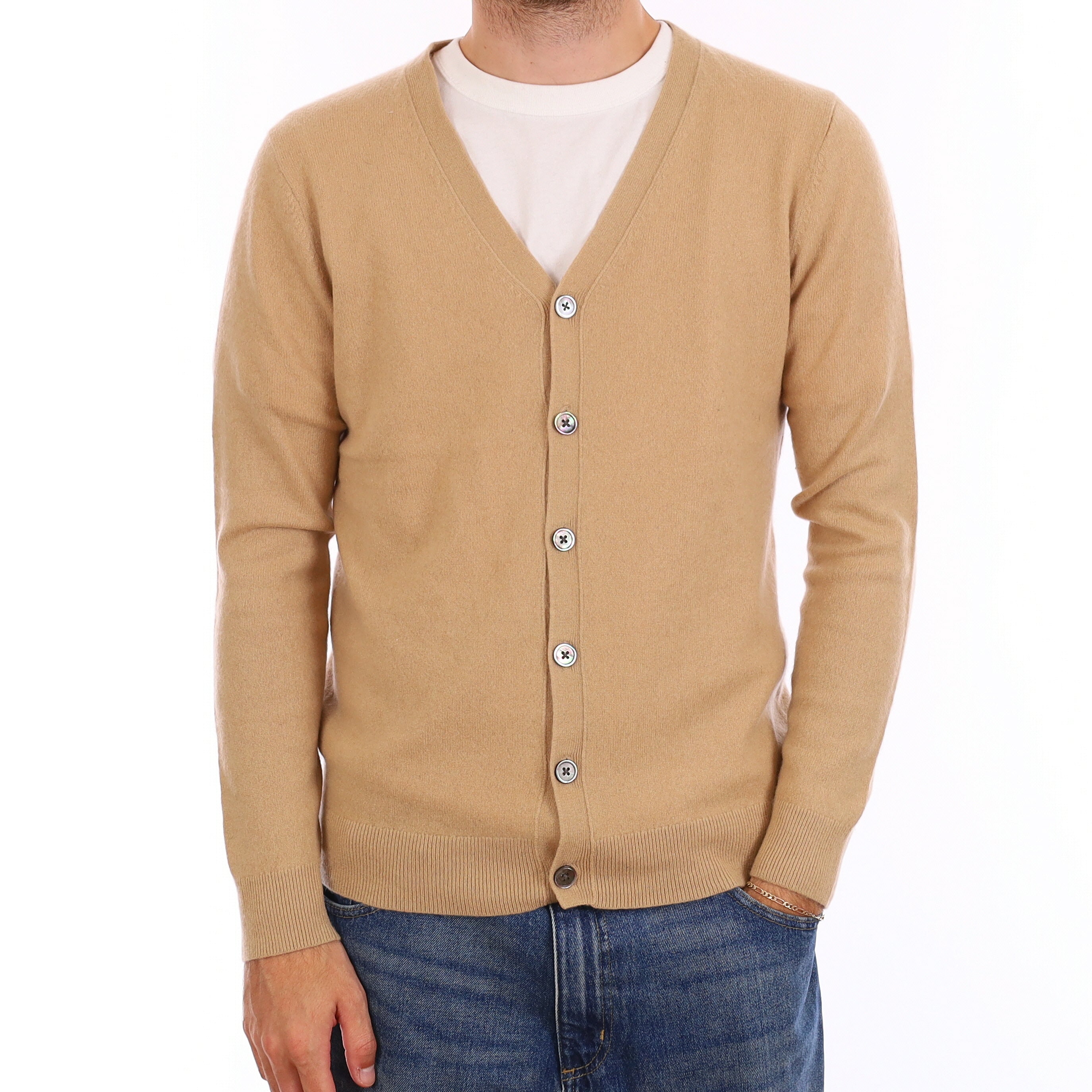 Men's Camel Cashmere V Neck Cardigan Medium