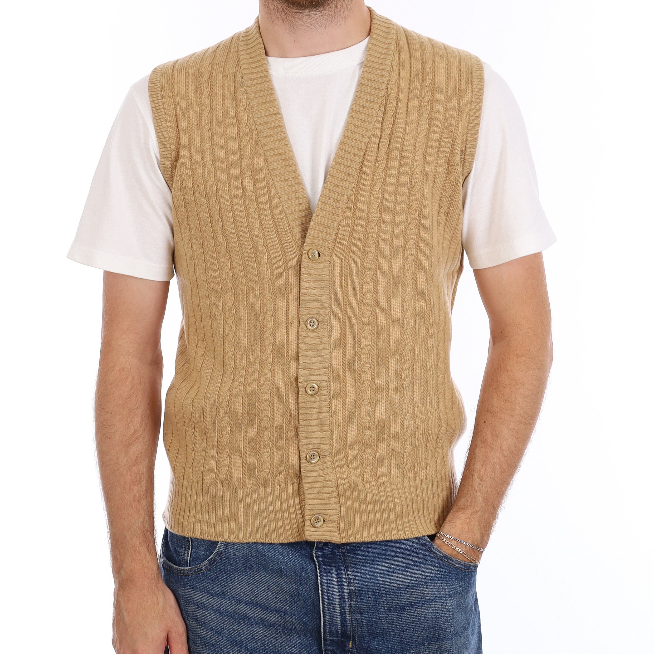 Men's Vintage Scottish Camel Cable Cashmere V Neck Waistcoat Medium