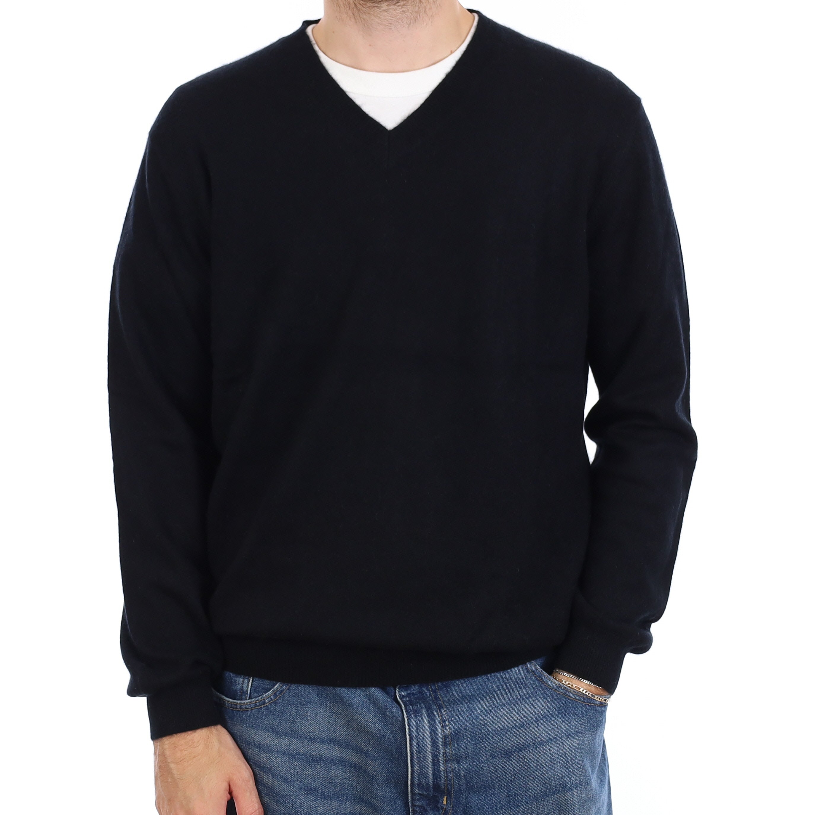Men's Black Cashmere V Neck Jumper Large