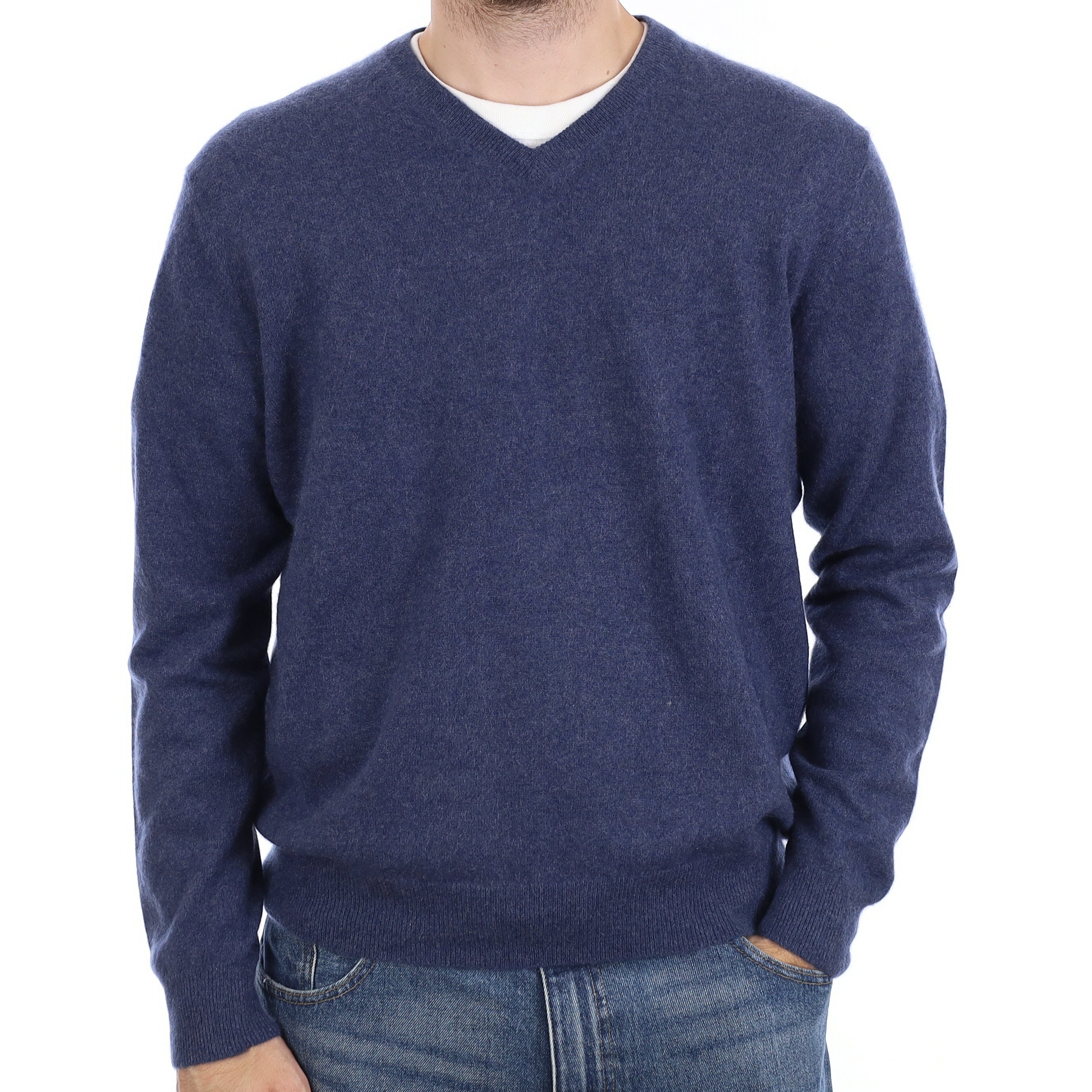 Men's Naval Blue Cashmere V Neck Jumper Large