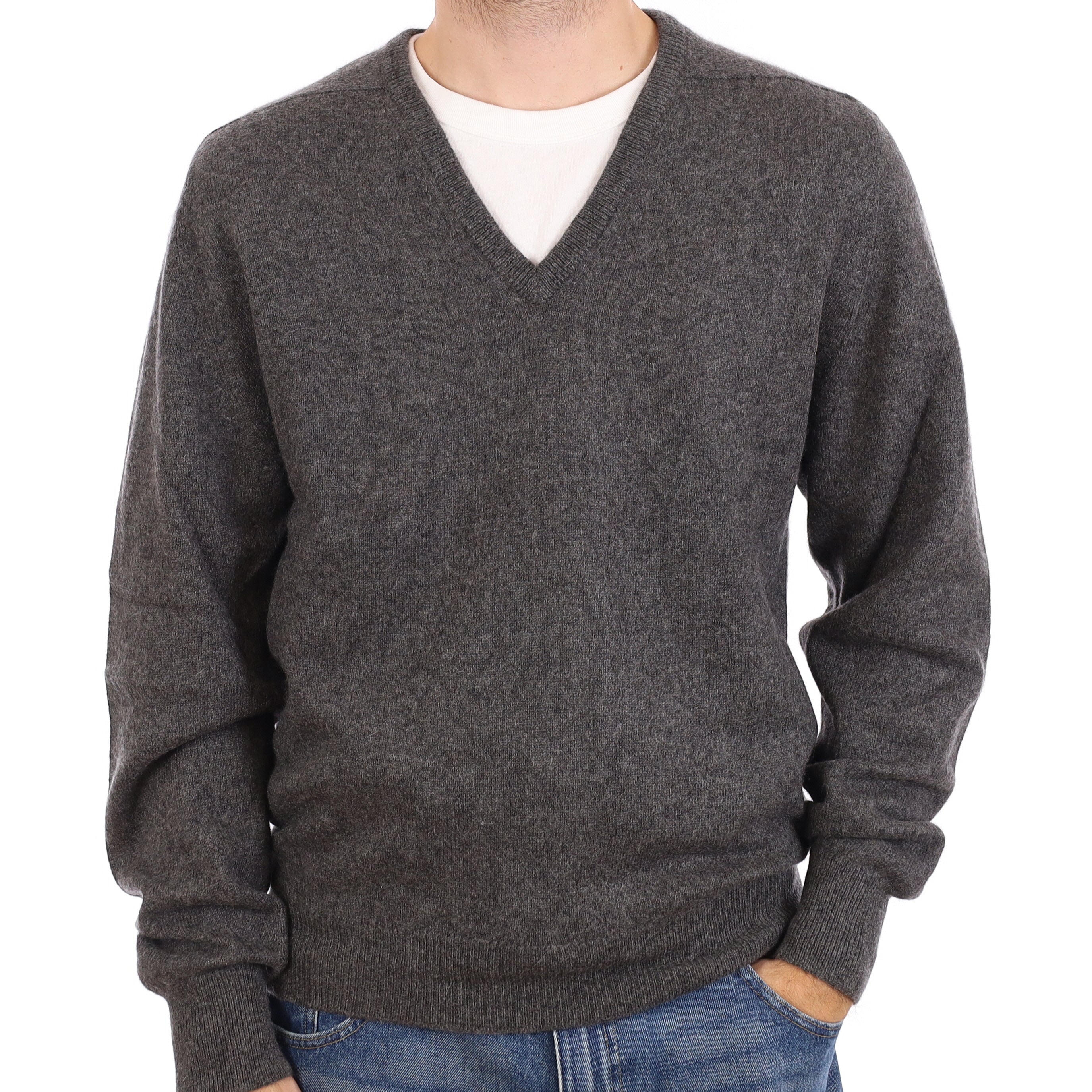 Men's Vintage Scottish Slate Grey Cashmere V Neck Jumper Large