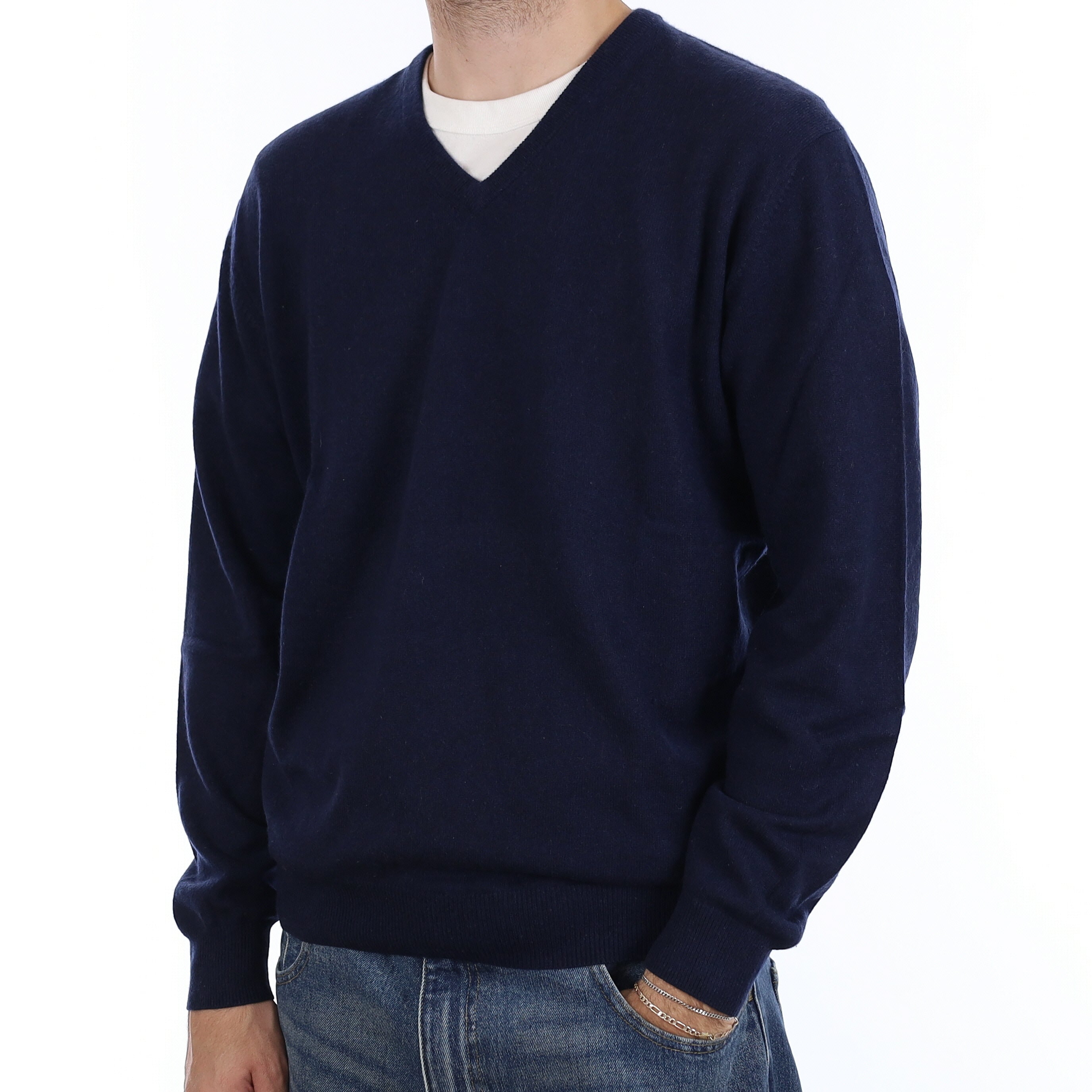 Men's Navy Cashmere V Neck Jumper Large