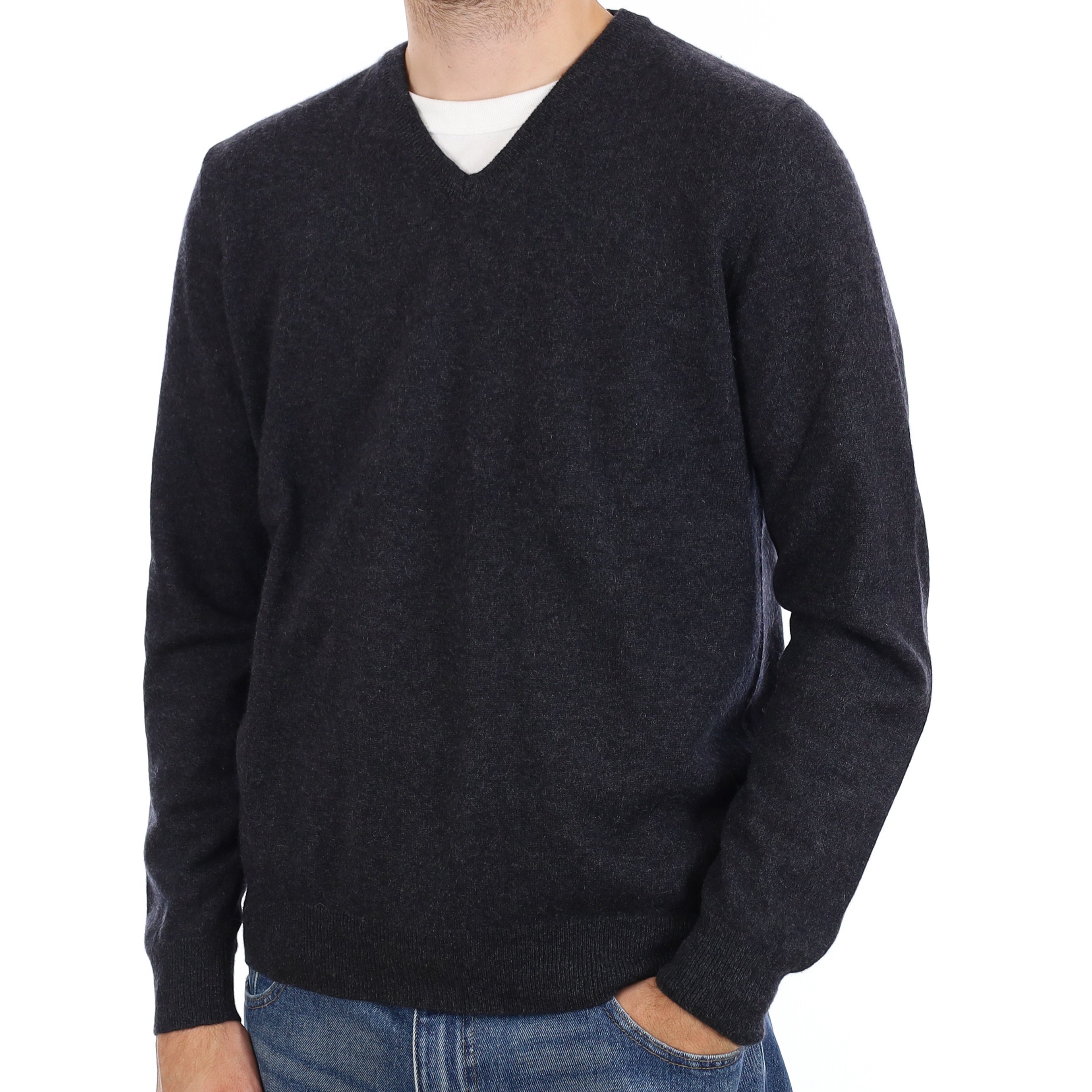 Men's Charcoal Grey Cashmere V Neck Jumper Large