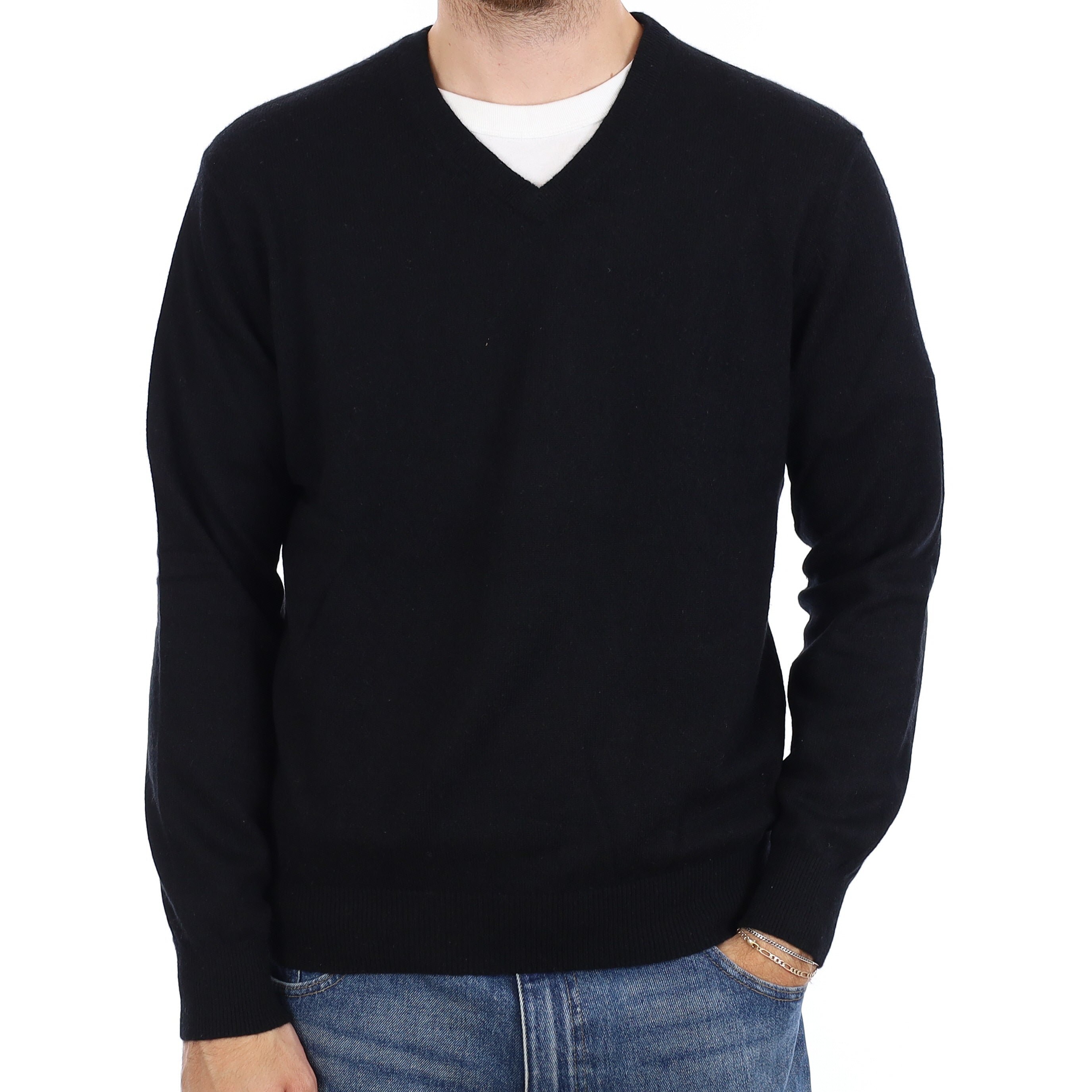 Men's Black Cashmere V Neck Jumper Large