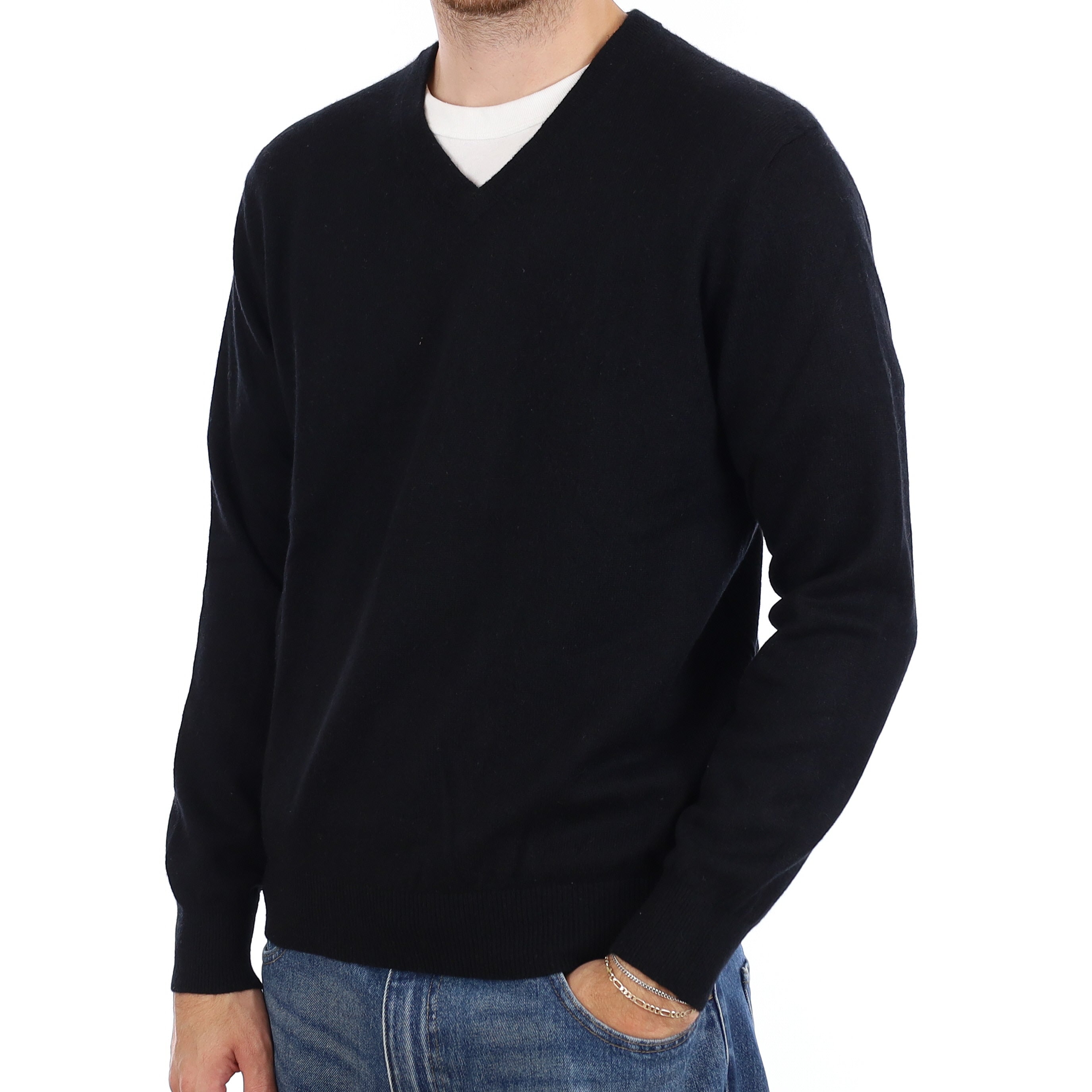 Men's Black Cashmere V Neck Jumper Large