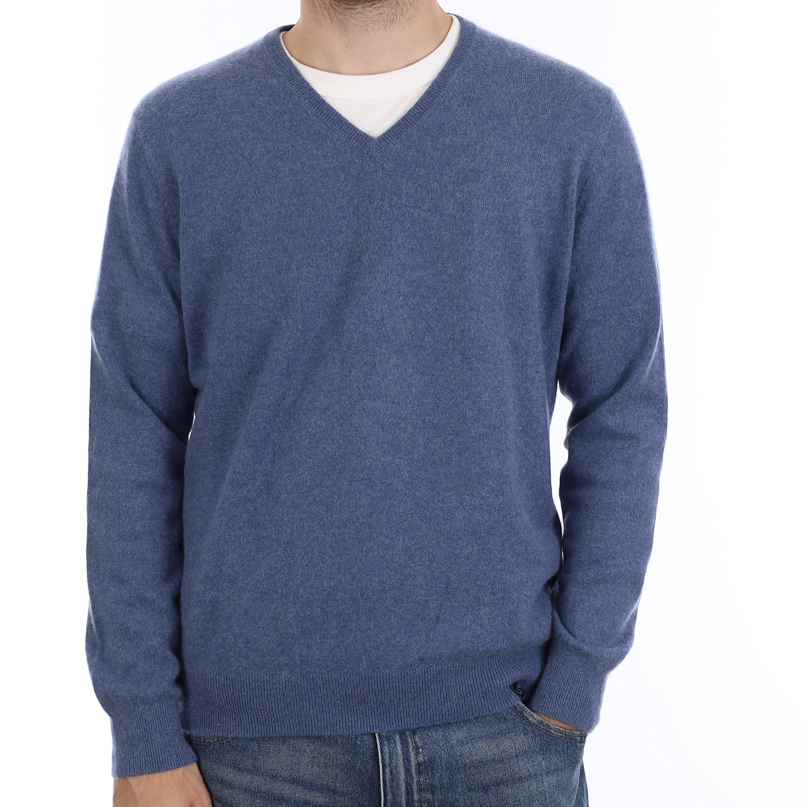 Men's Denim Blue Cashmere V Neck Jumper Large