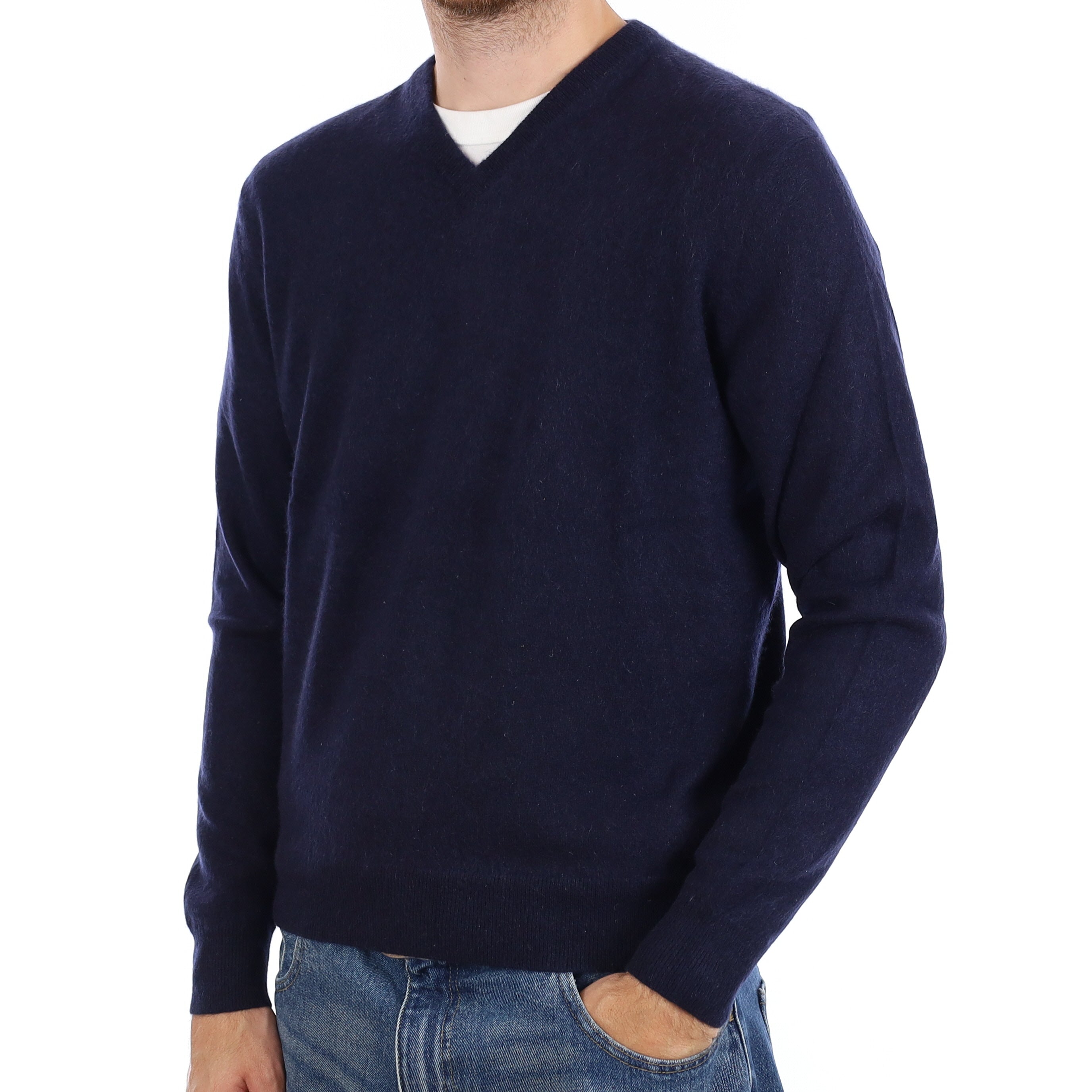 Men's Navy Cashmere V Neck Jumper Large
