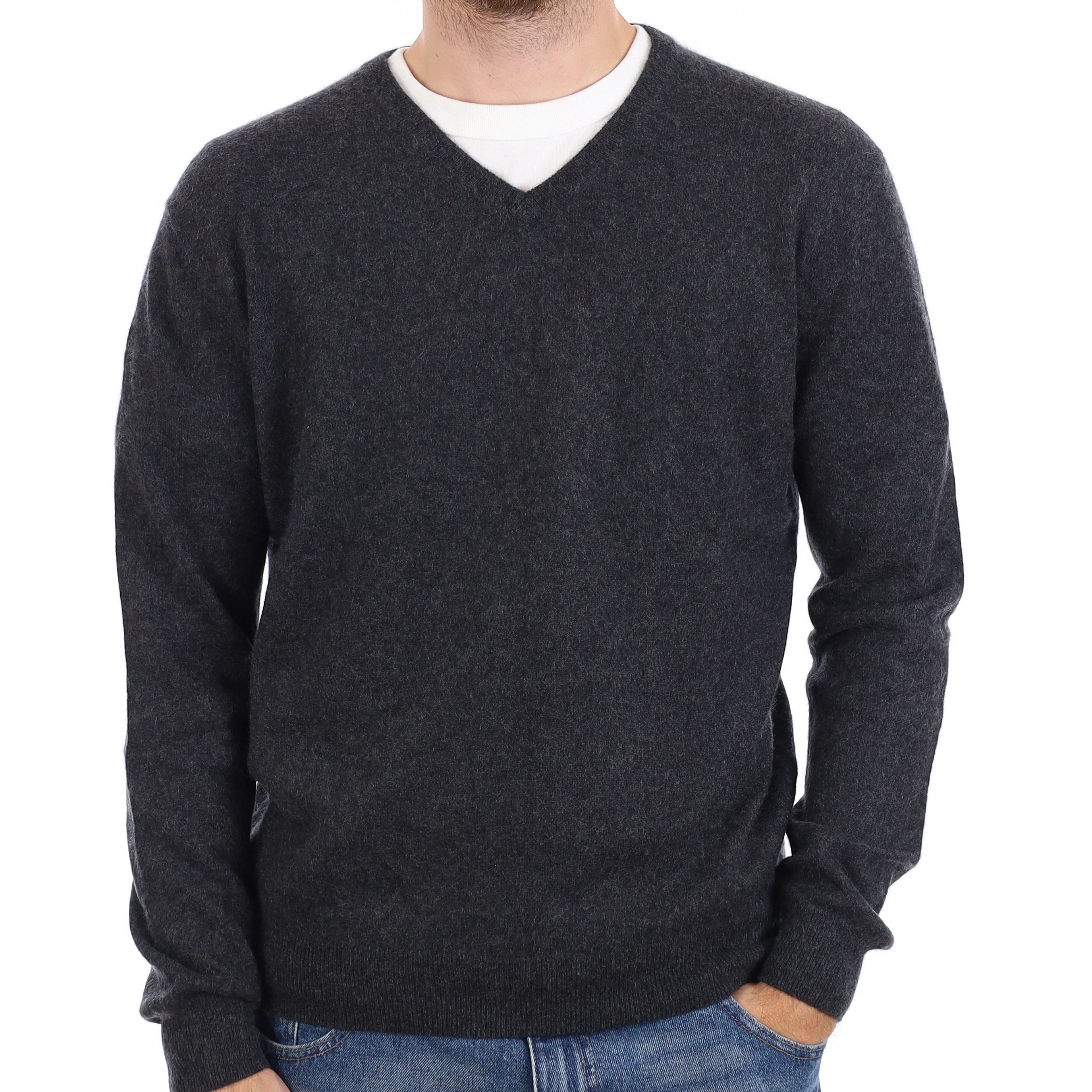 Men's Charcoal Grey Cashmere V Neck Jumper Large