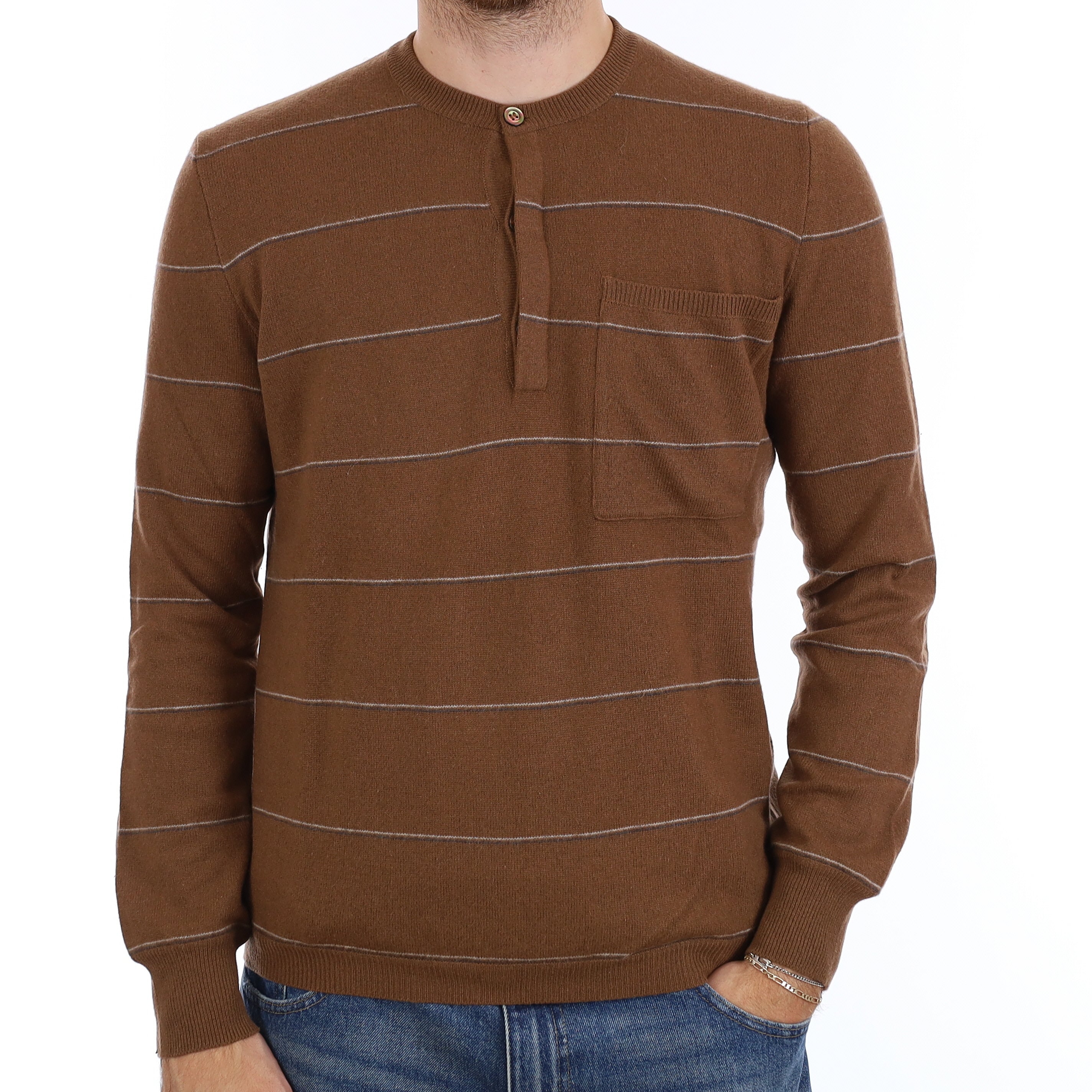 Men's Vintage Brown Stripe Cashmere Buttoned Crew Neck Jumper Large