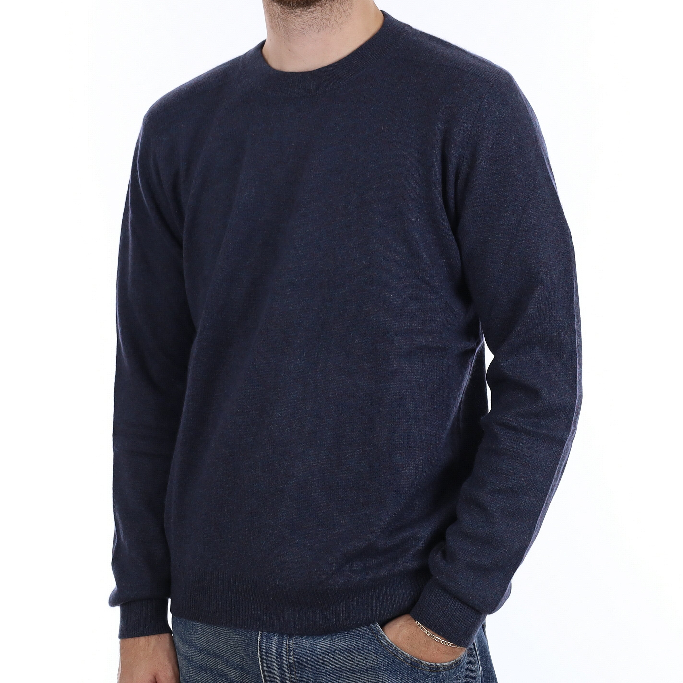 Men's Petrol Blue Marl Cashmere Crew Neck Jumper Large