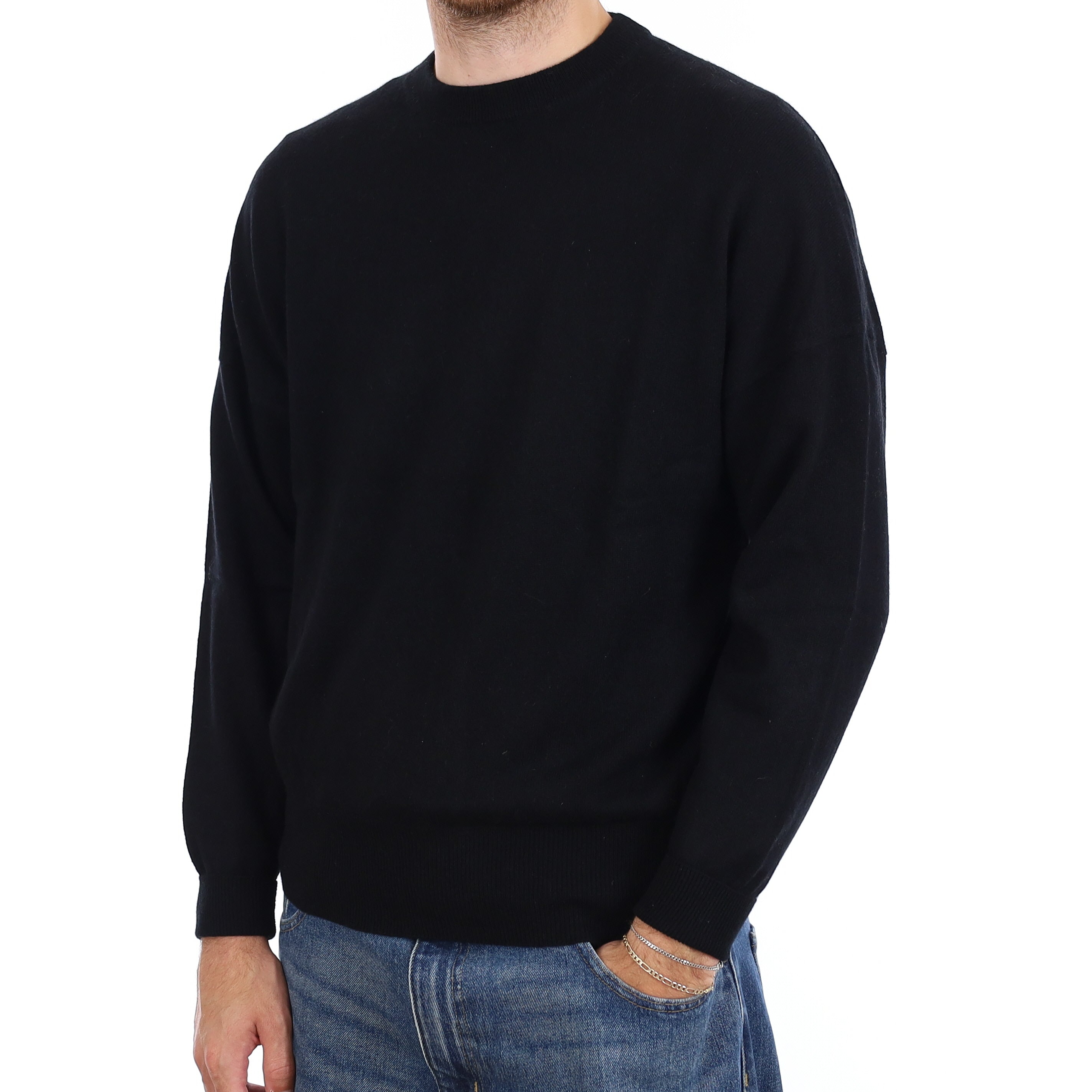 Men's Black Cashmere Crew Neck Jumper Large