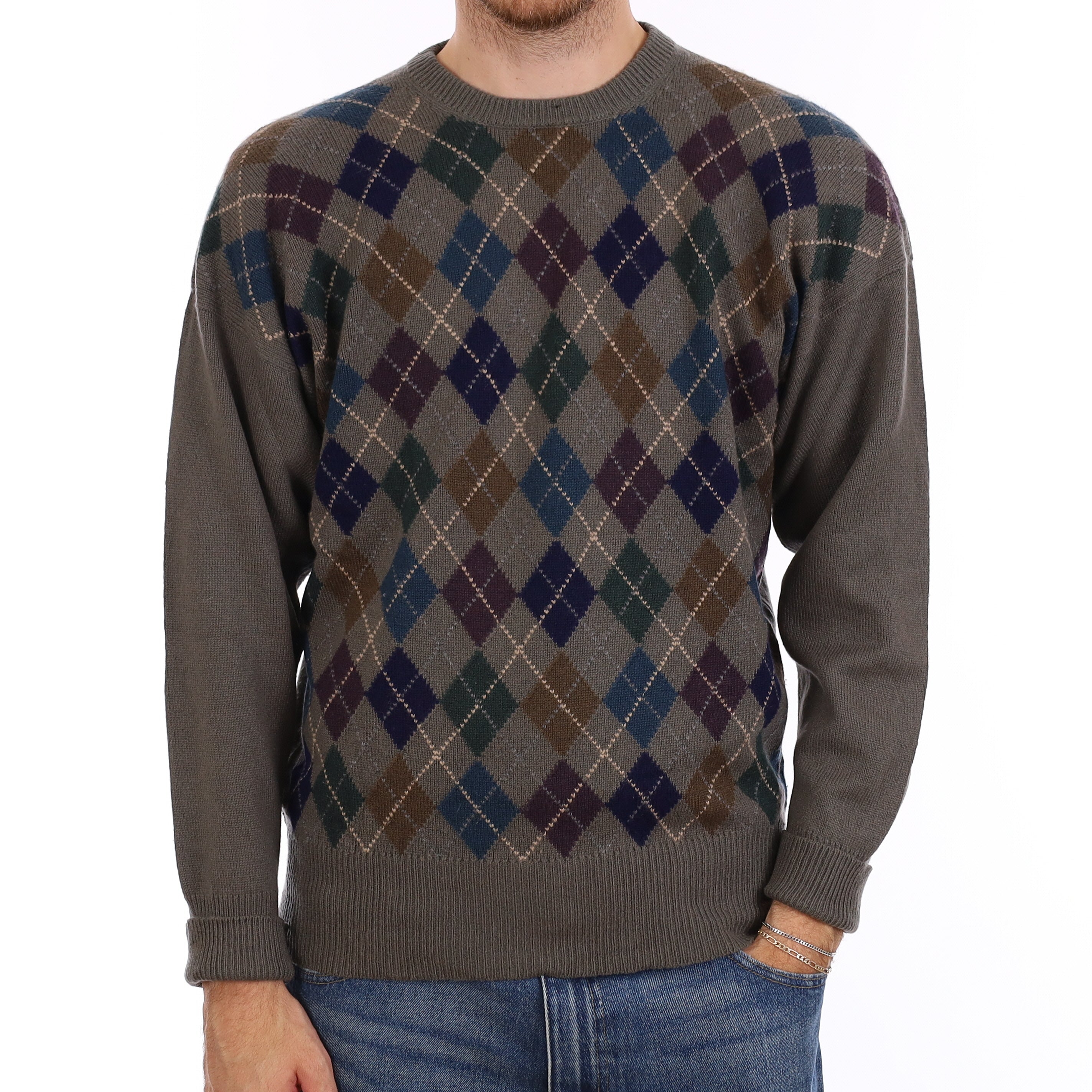 Men's Vintage Grey Multicolour Diamond Cashmere Crew Neck Jumper Large
