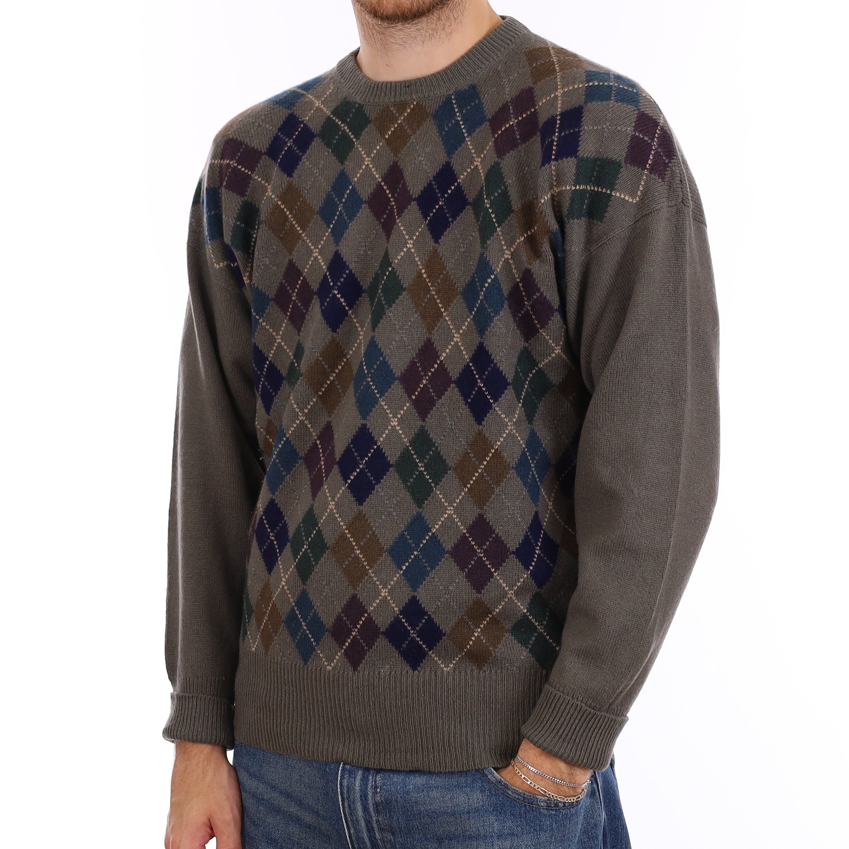 Men's Vintage Grey Multicolour Diamond Cashmere Crew Neck Jumper Large