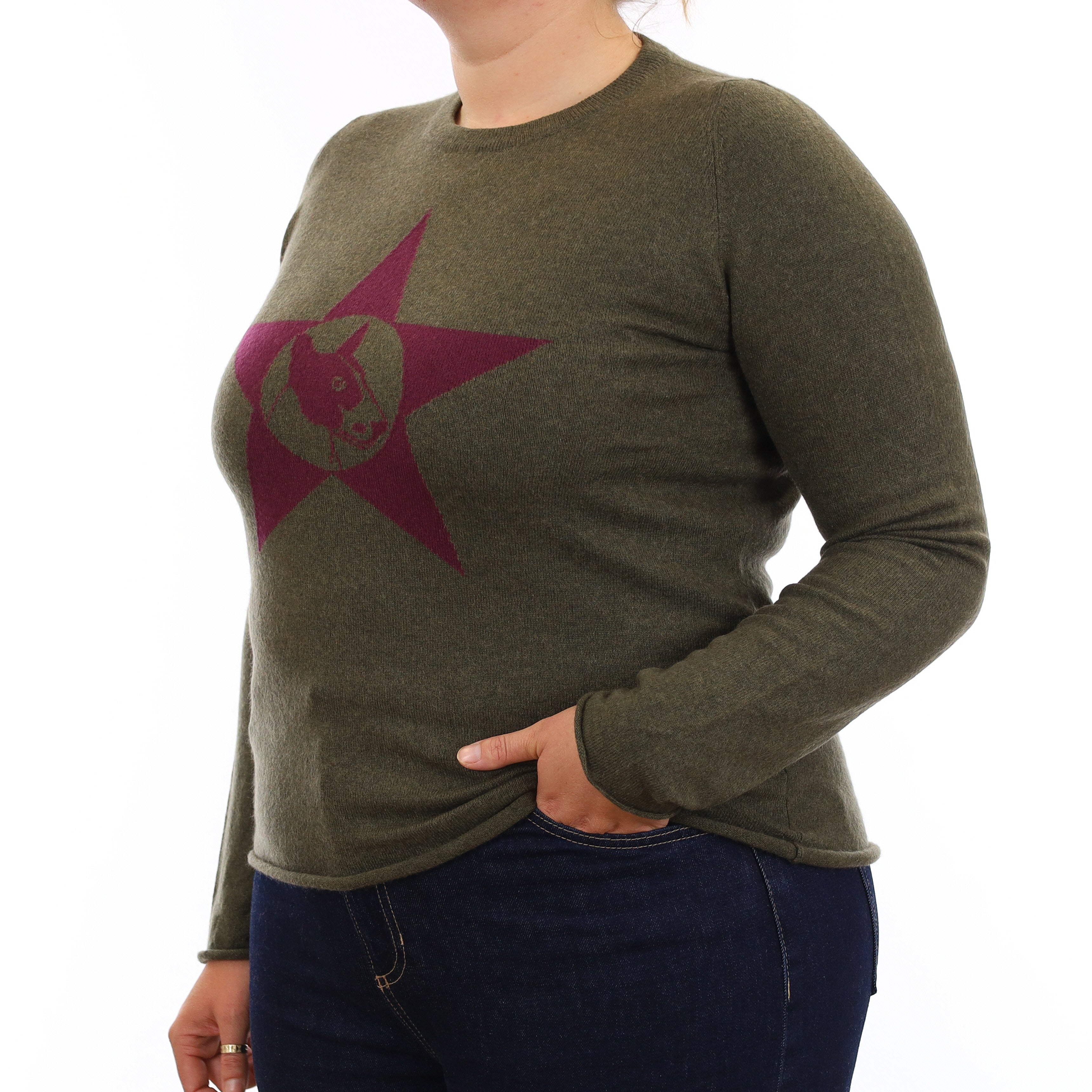 Khaki Green Dog Motif Cashmere Crew Neck Jumper Large