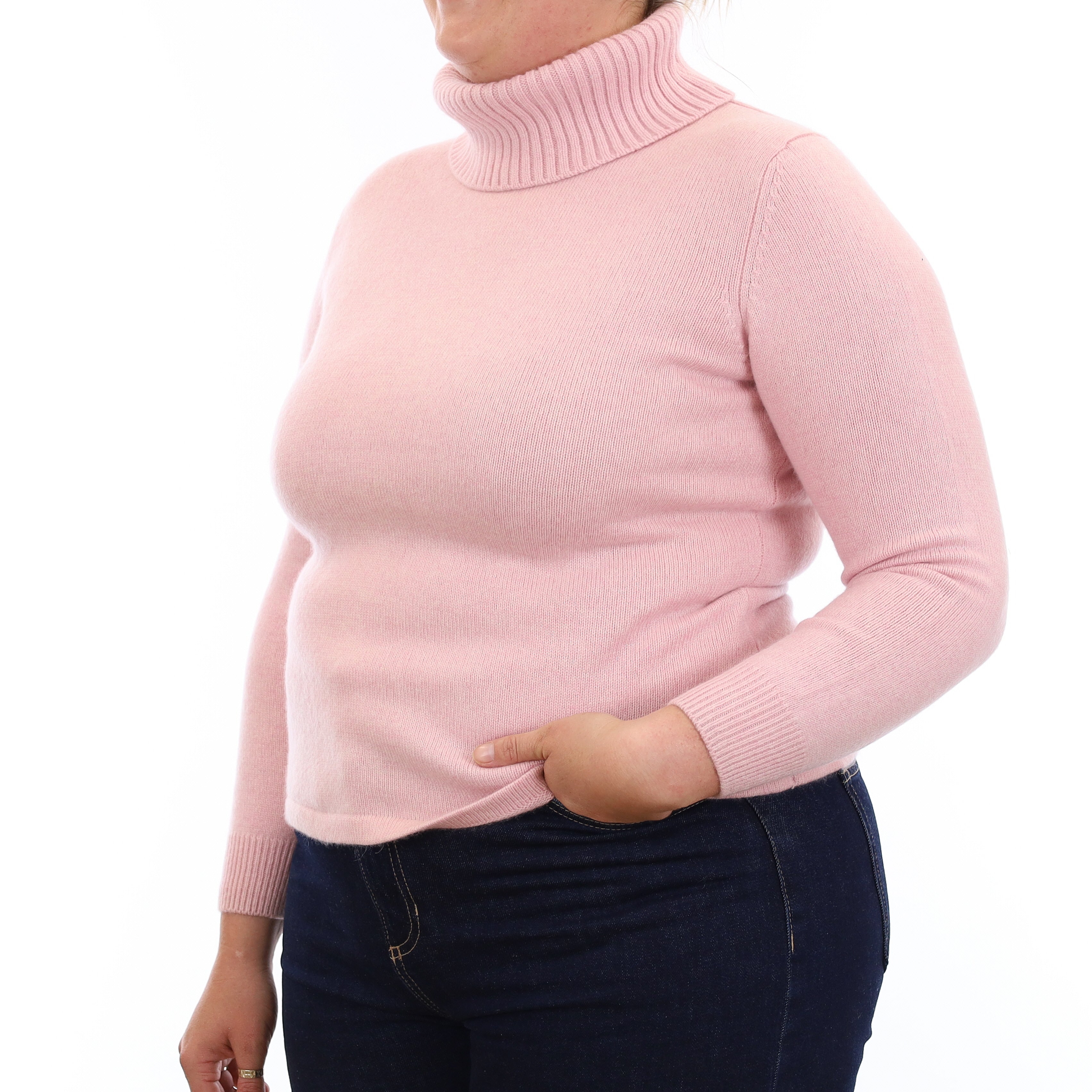 Carnation Pink Heavy Knit Cashmere Polo Neck Jumper Large