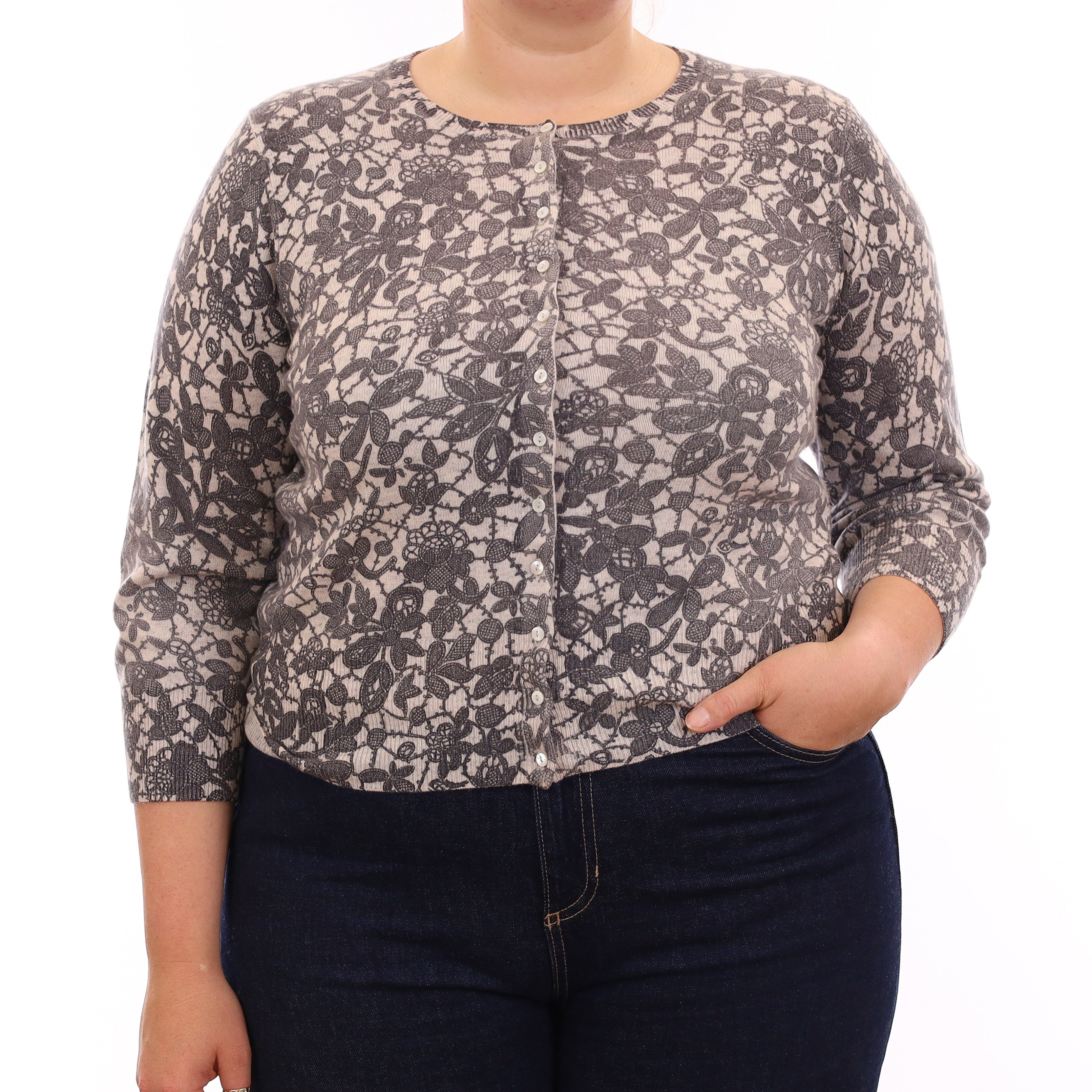 Grey Lace Effect Cashmere Crew Neck Cardigan Large
