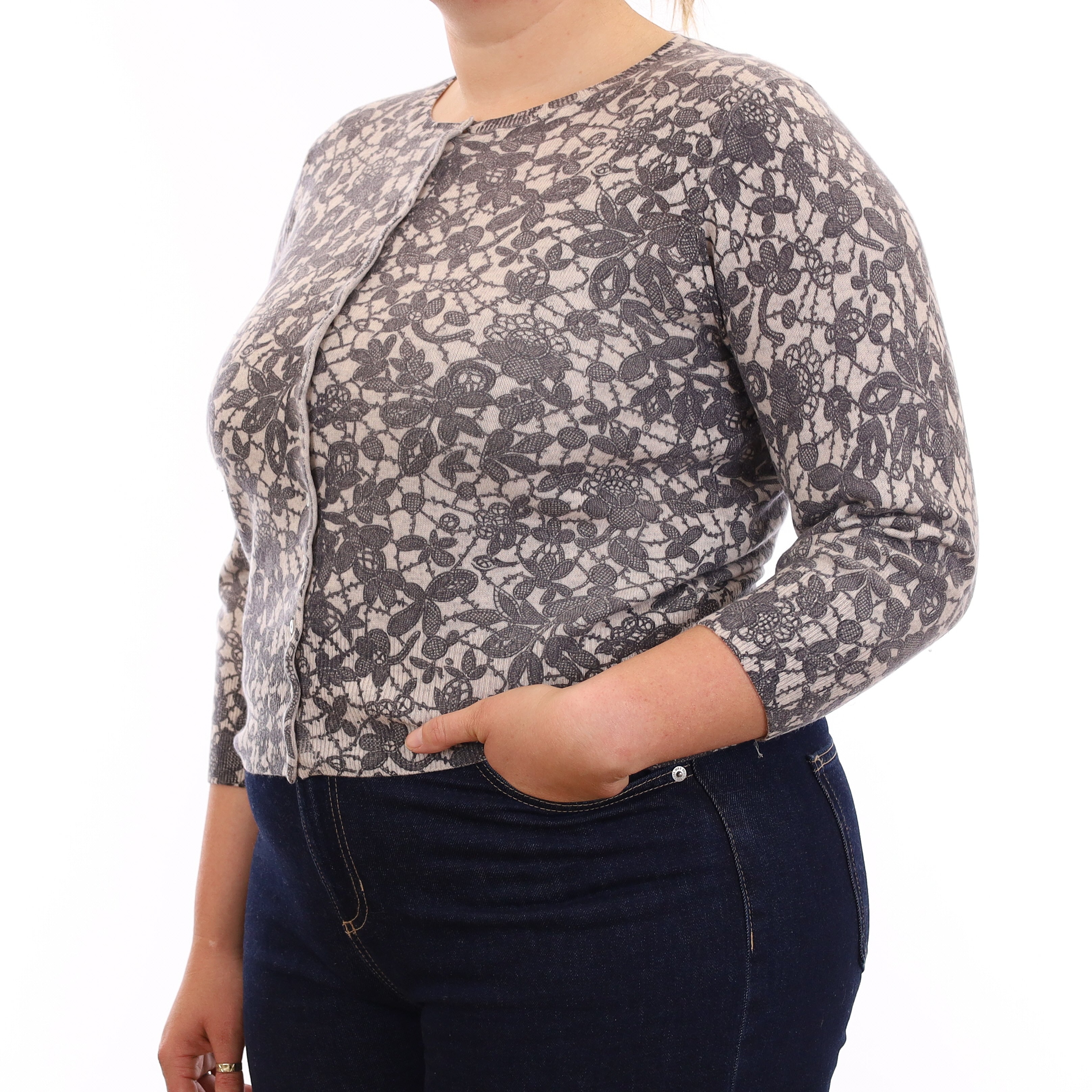 Grey Lace Effect Cashmere Crew Neck Cardigan Large