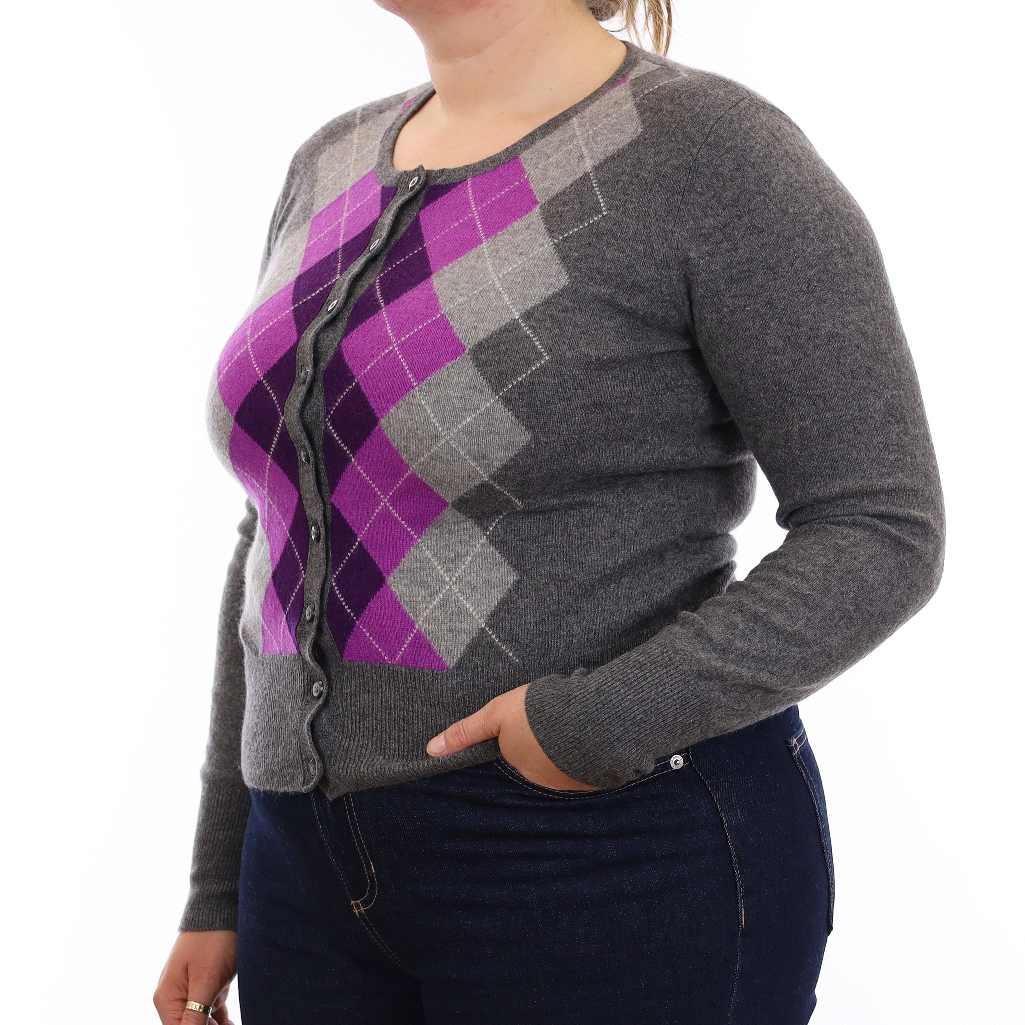 Grey & Purple Argyle Cashmere Crew Neck Cardigan Large