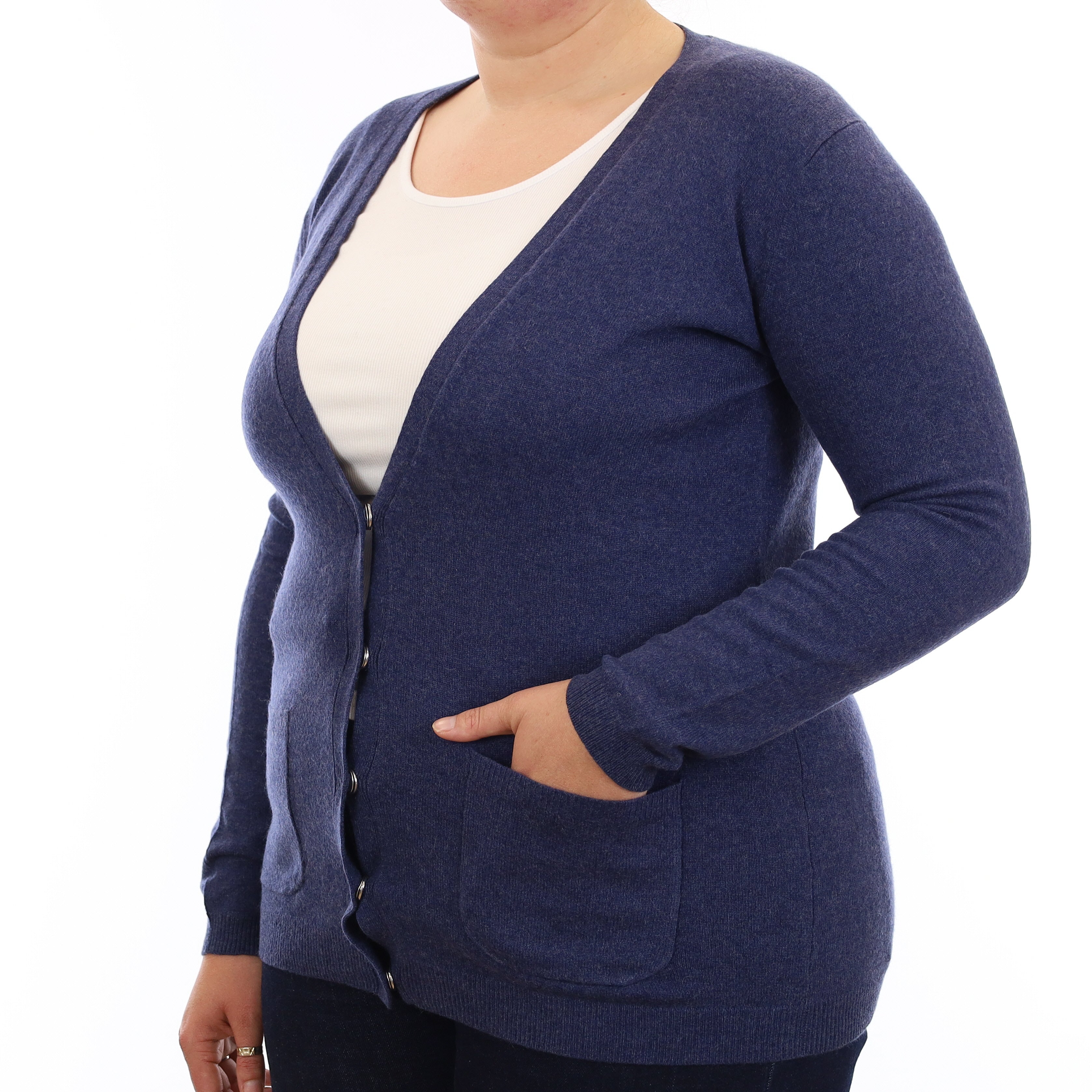 Naval Blue Cashmere V Neck Cardigan with Pockets Large
