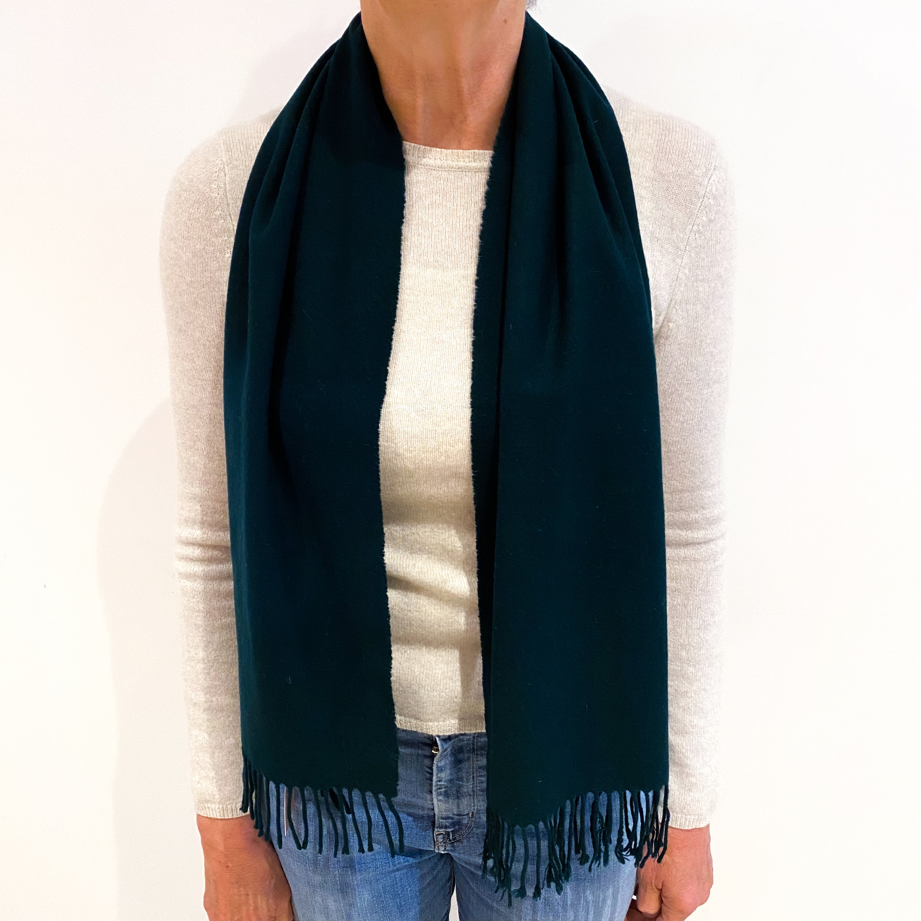 Bottle Green Cashmere Woven Fringed Scarf