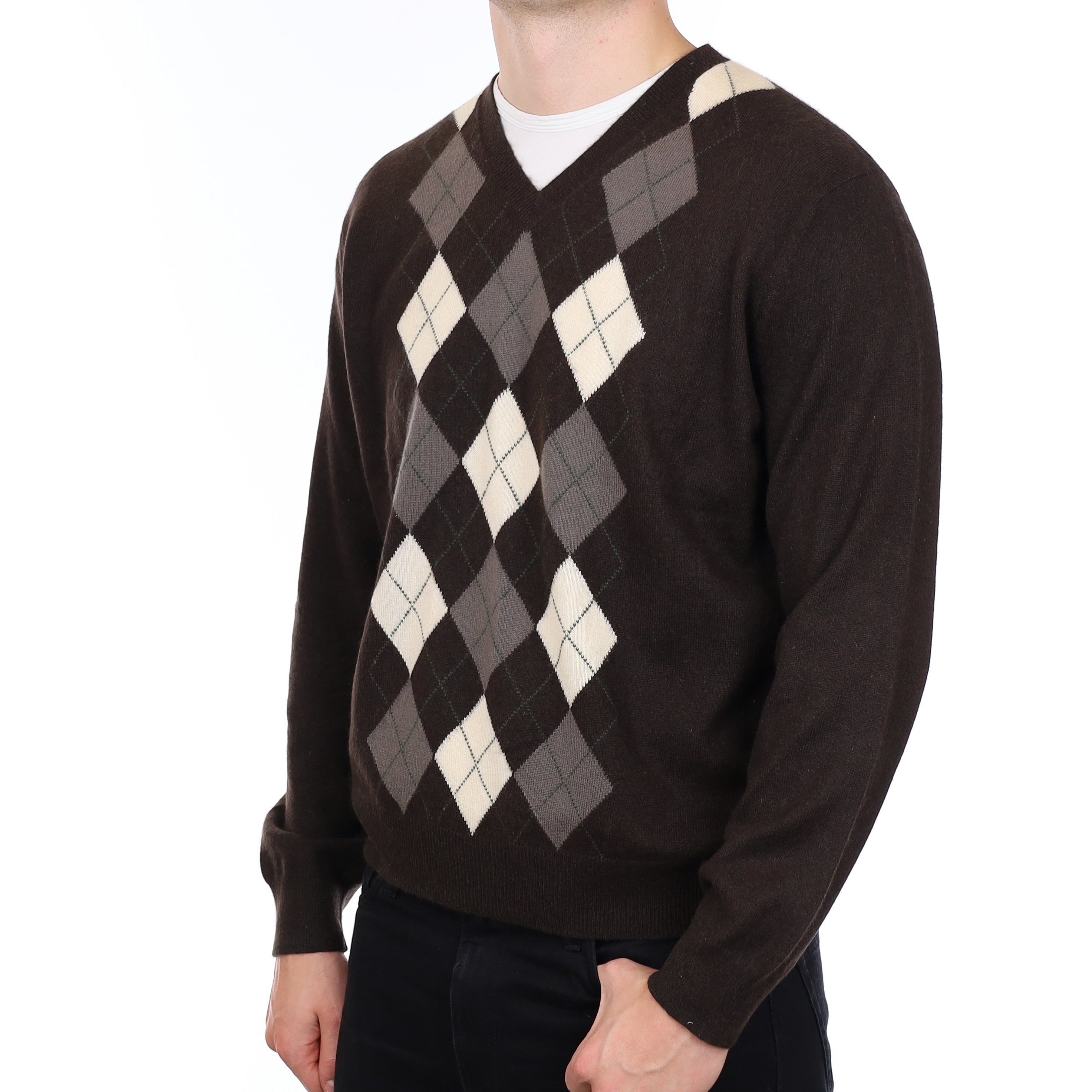 Men’s Chocolate Brown Argyle Cashmere V Neck Jumper Extra Large