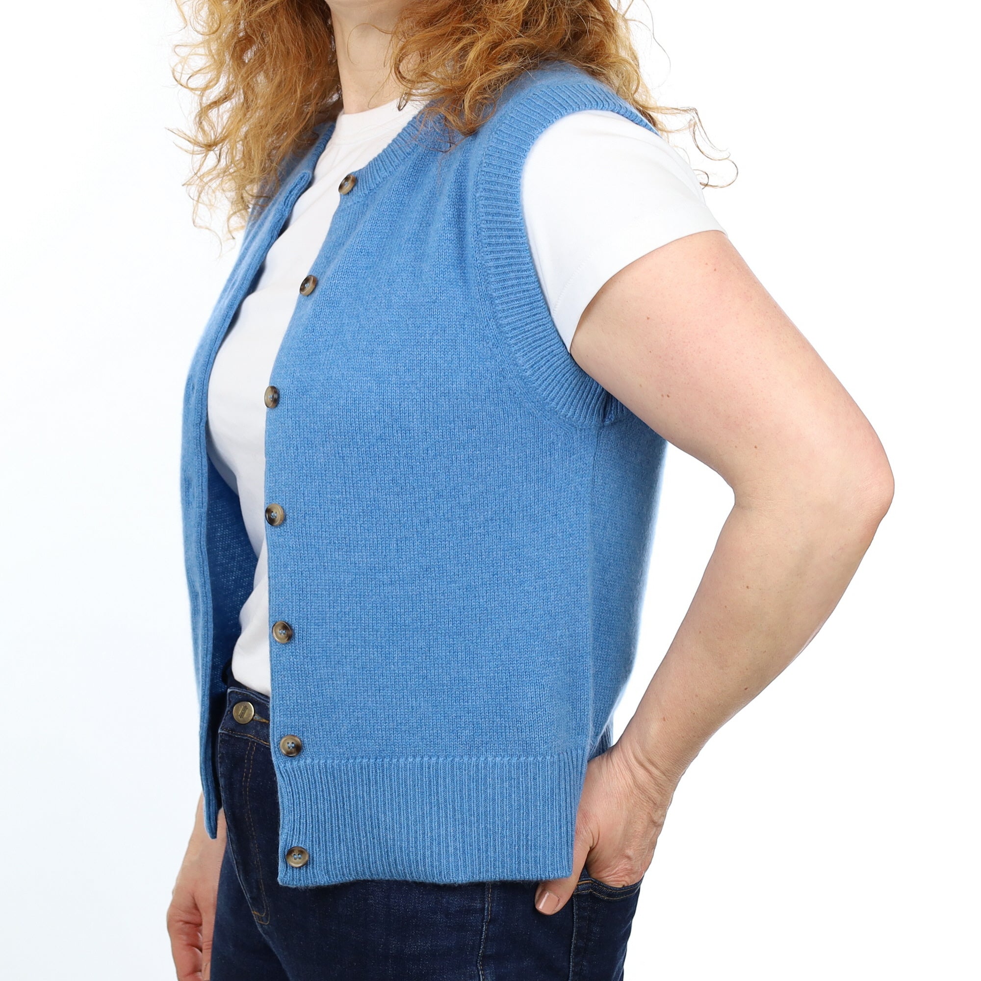 Brand New Mediterranean Blue Luxury Cashmere Crew Neck Waistcoat Medium UK 12-14