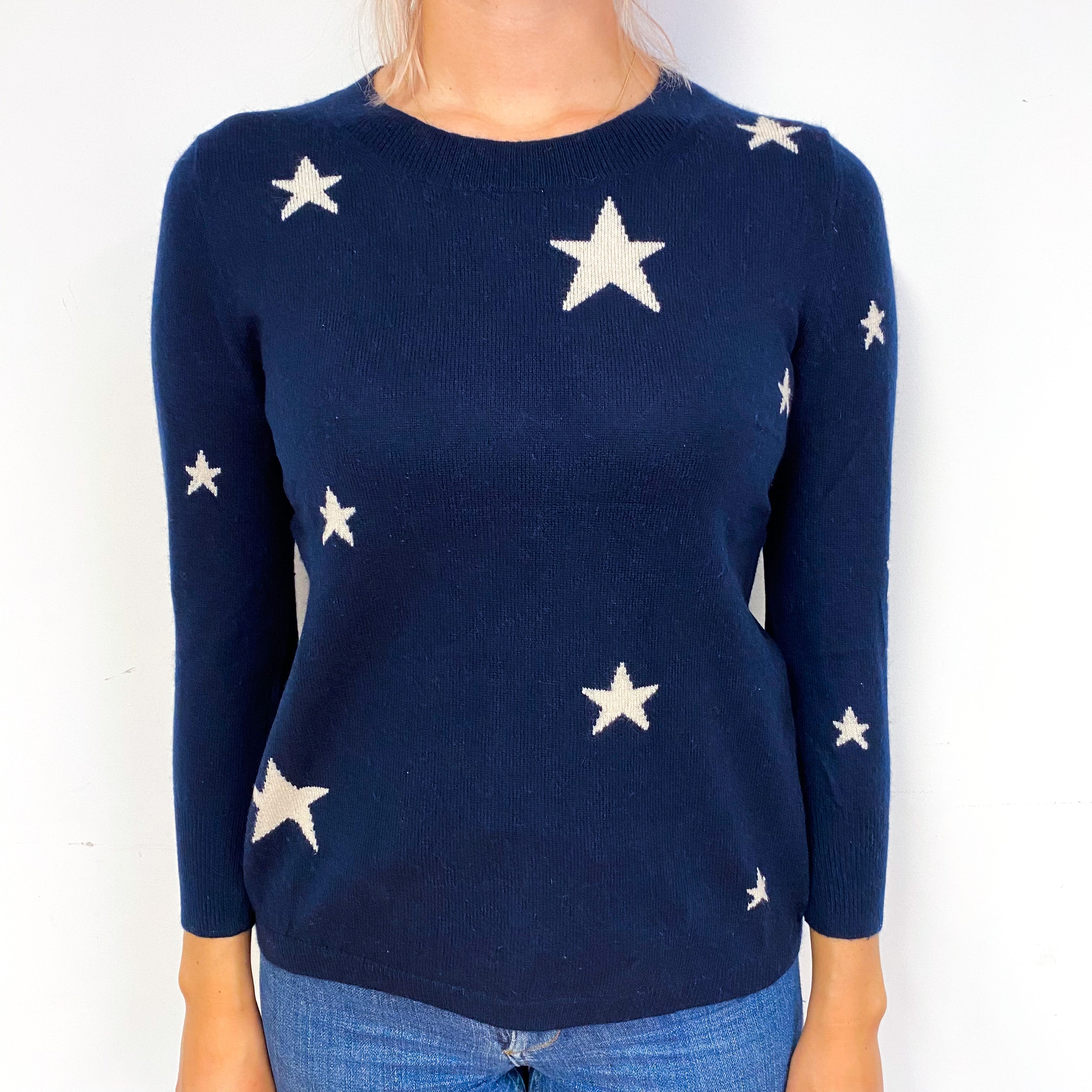 Navy Blue Star Cashmere Crew Neck Jumper Small/Petite