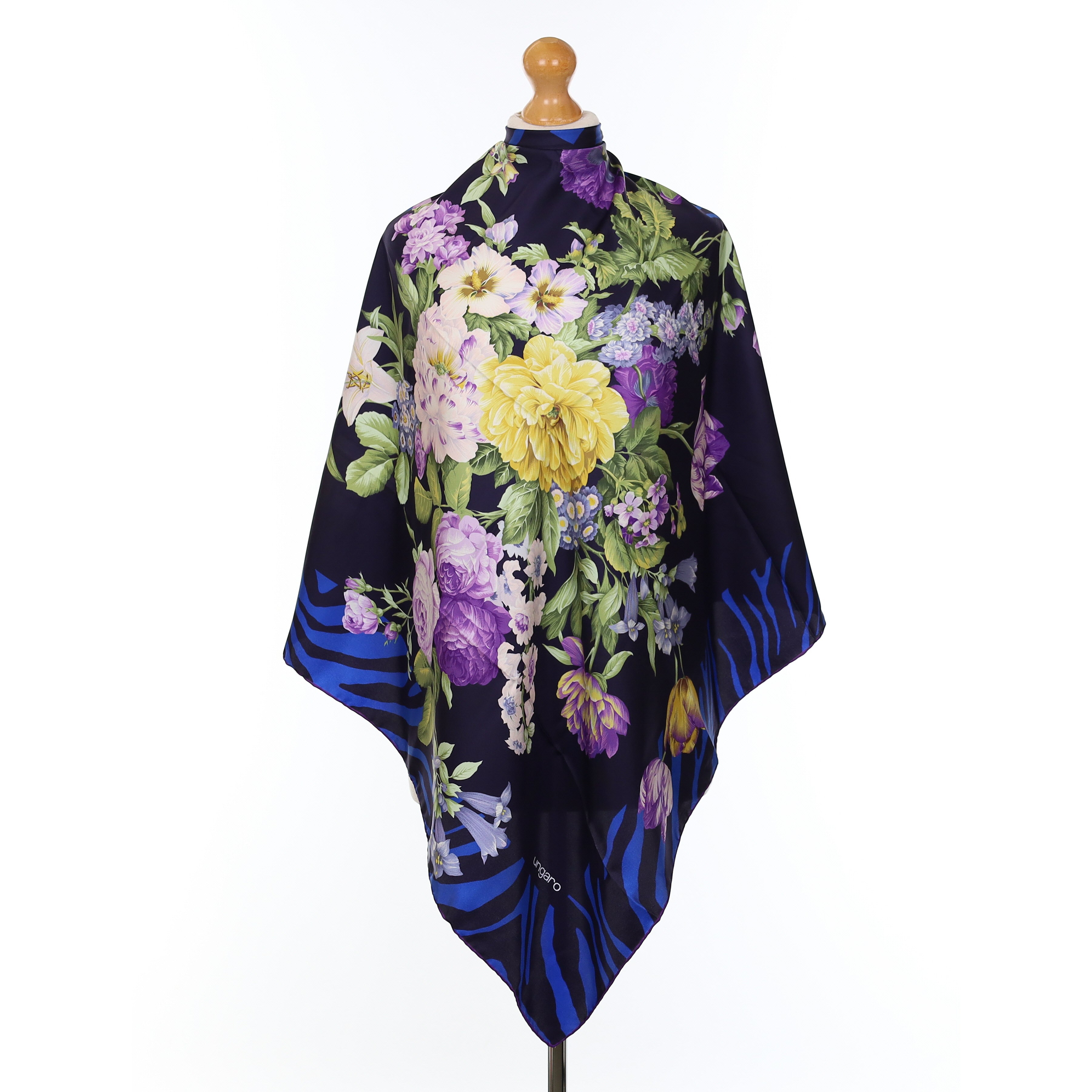 Ungaro Navy Blue Floral Silk Scarf