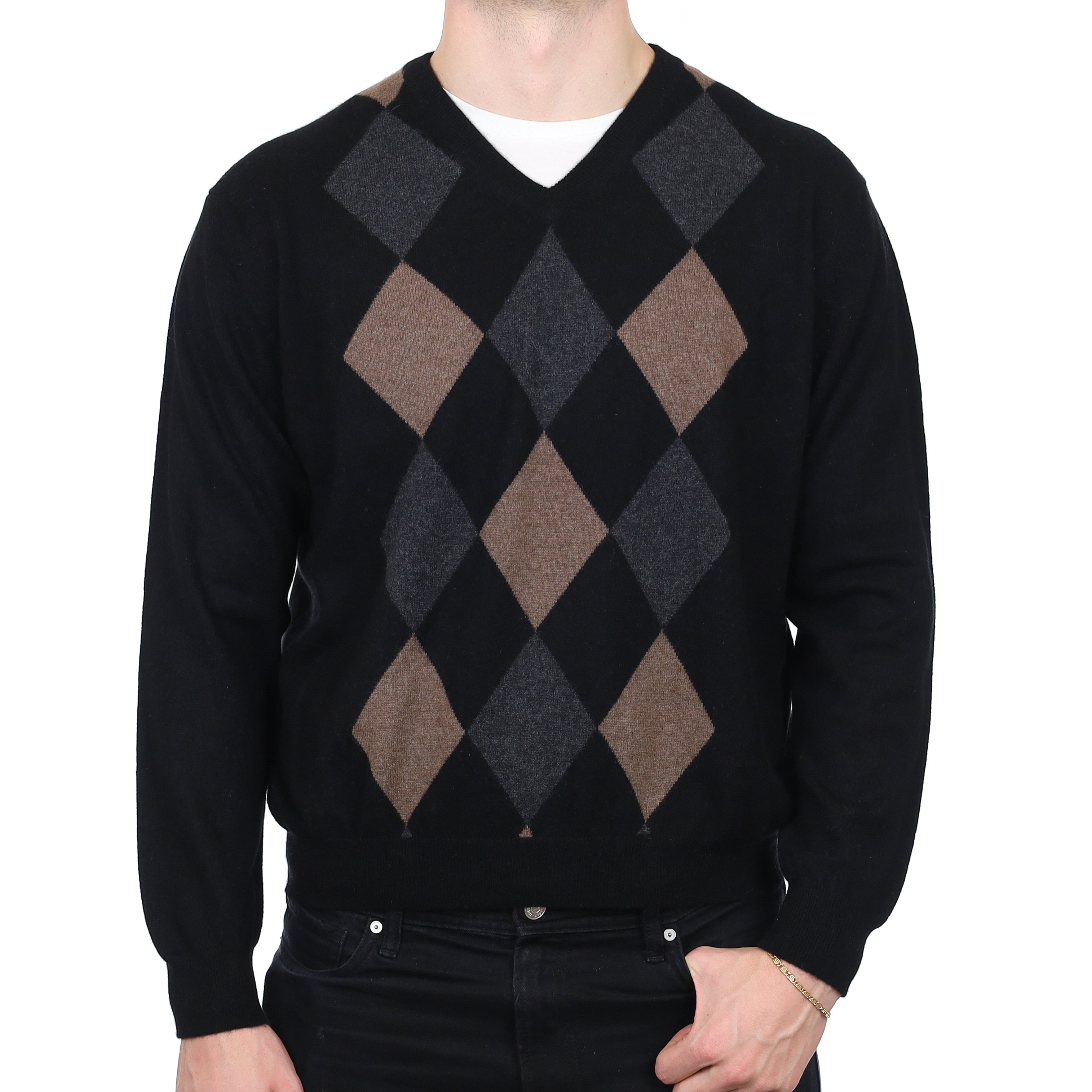 Men’s Black Diamond Pattern Cashmere V Neck Jumper Extra Large