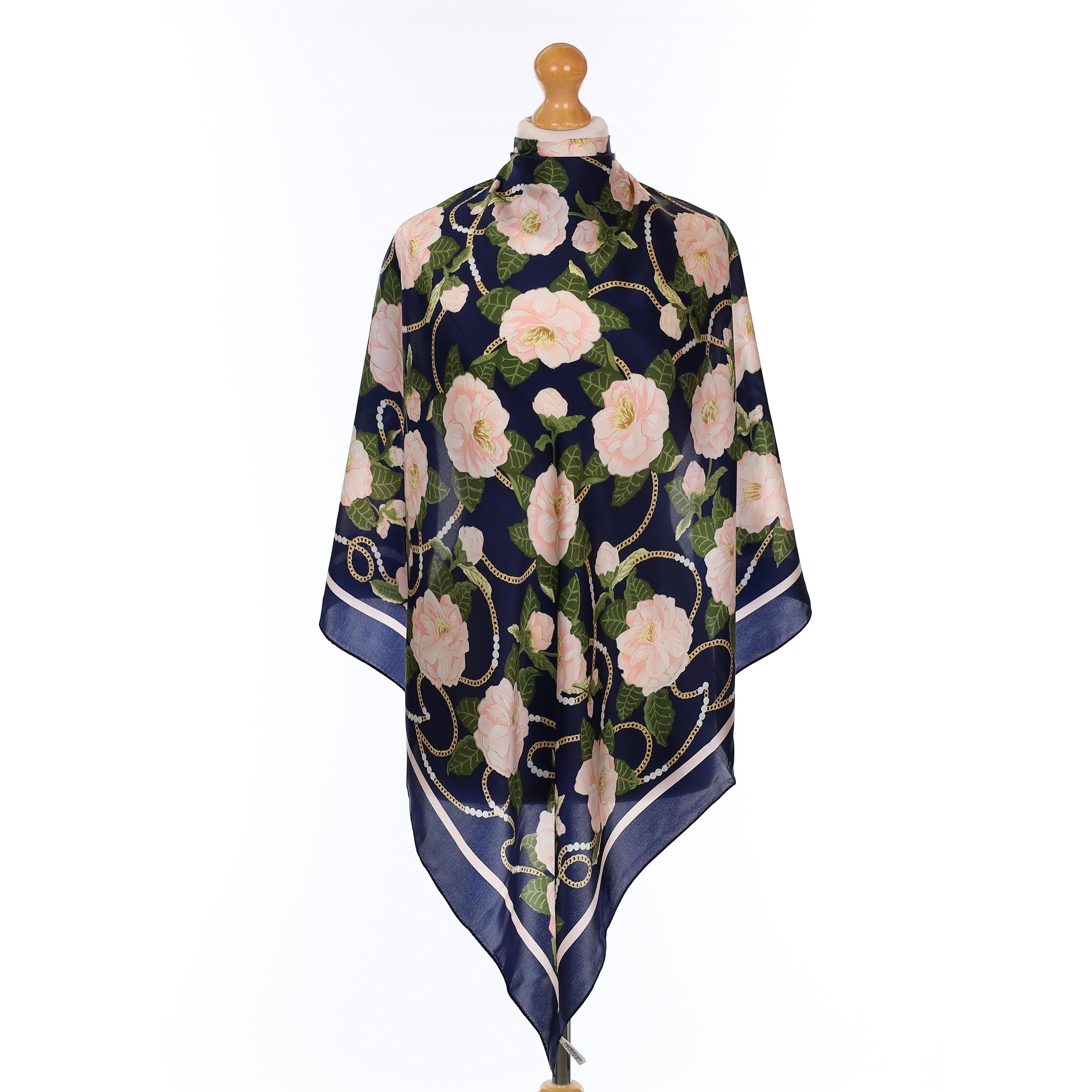 Pink And Navy Floral Silk Scarf