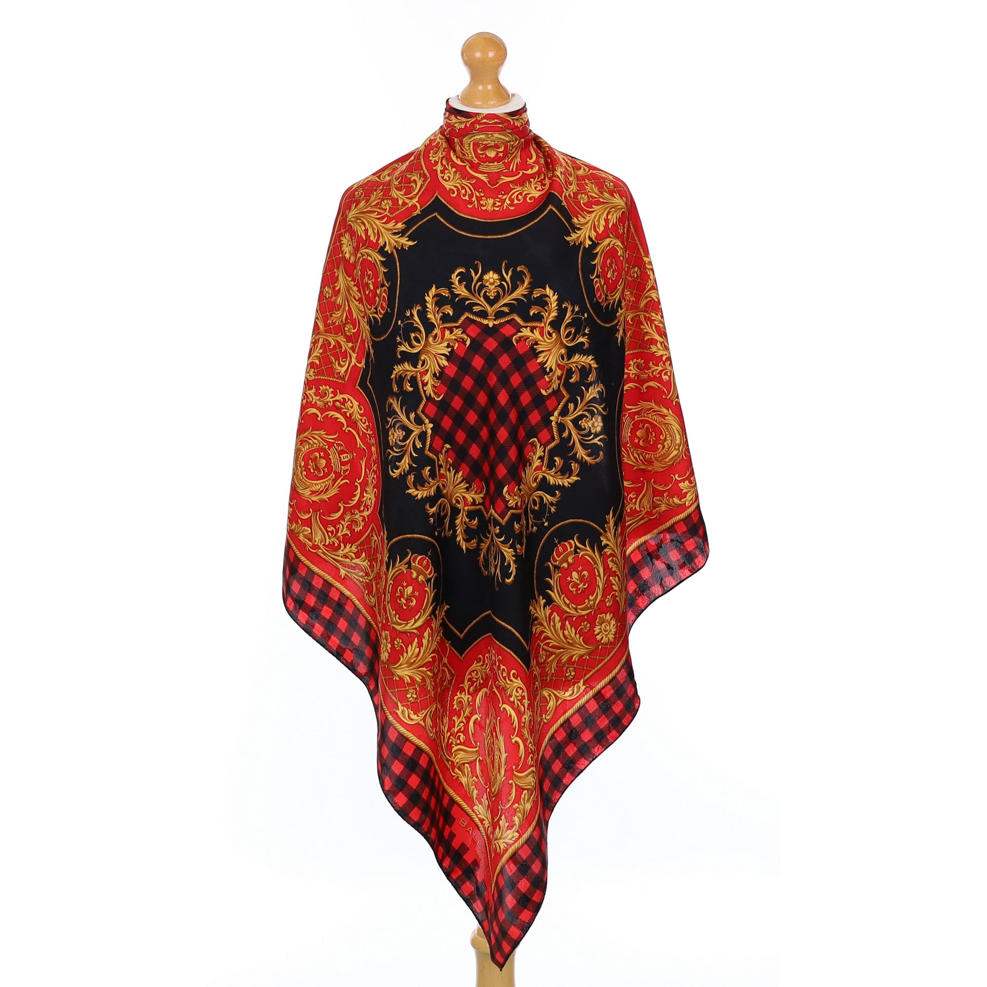 80’s Balenciaga Red and Black Traditional Vintage Silk Scarf