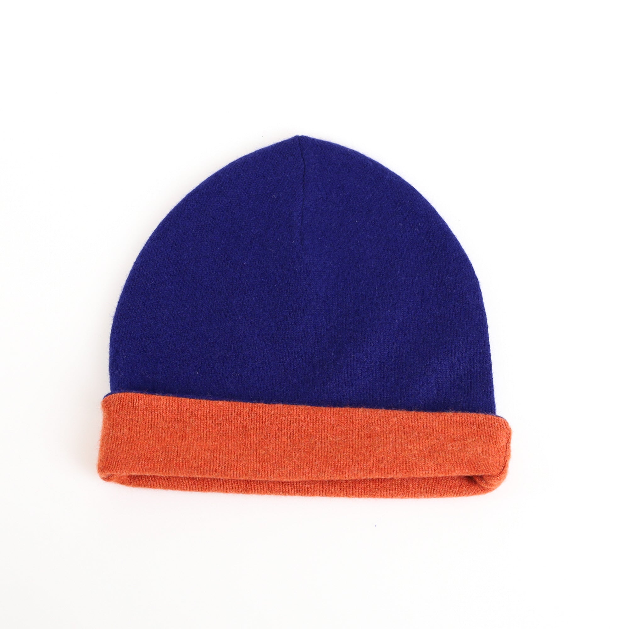 Cobalt Blue and Orange Reversible Cashmere Beanie Hat