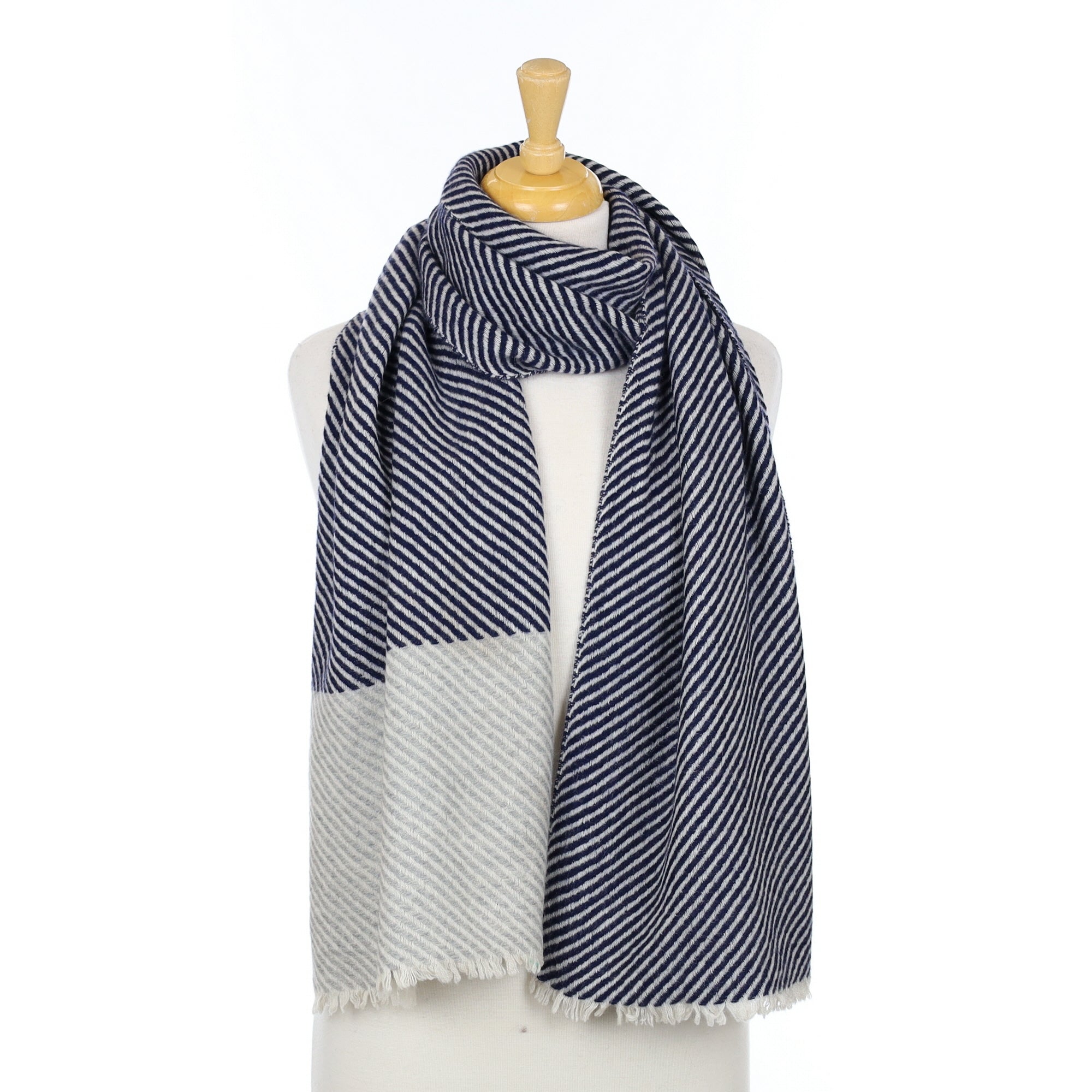 Navy & Grey Diagonal Stripe Cashmere Woven Scarf
