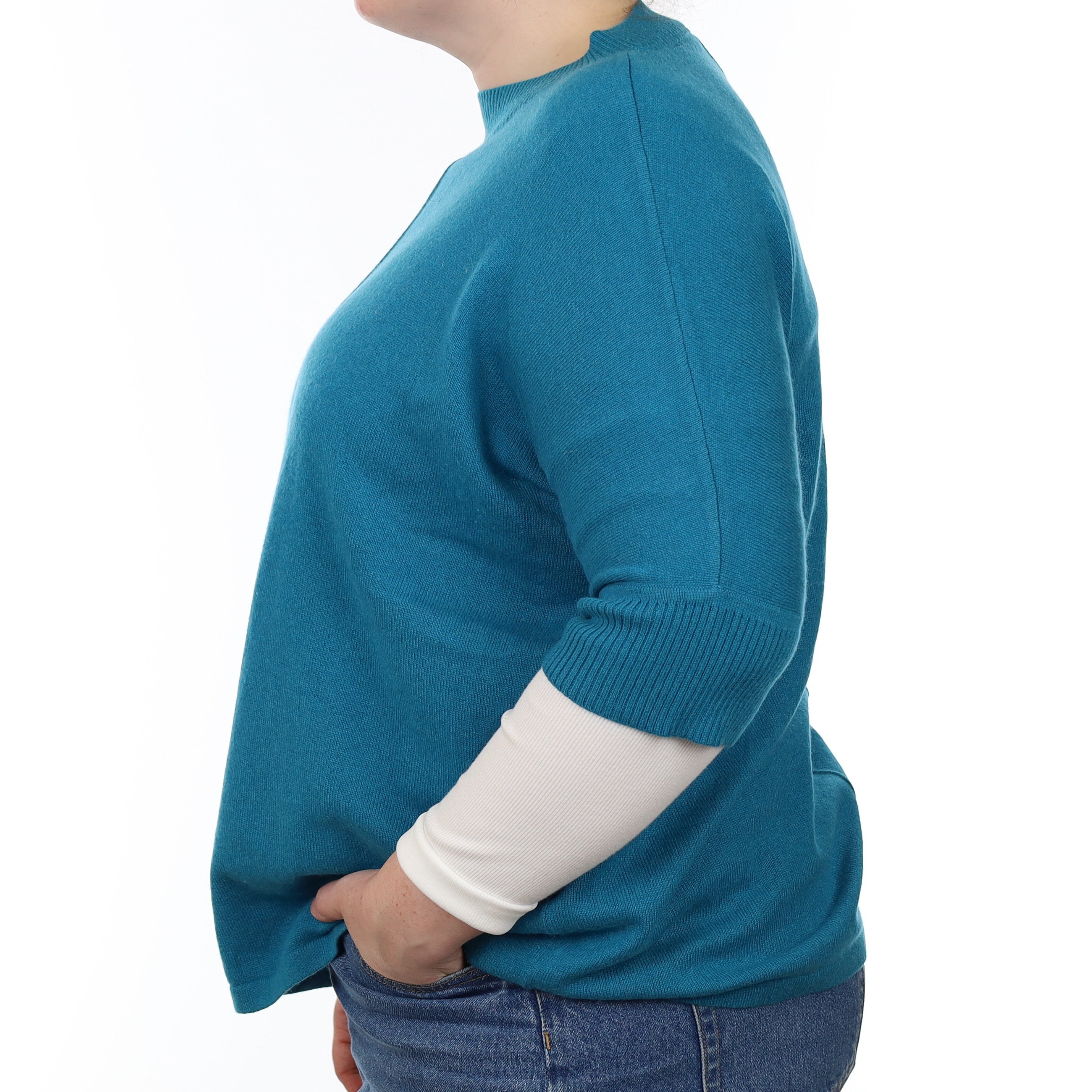 Turquoise Blue Cashmere Batwing Short Sleeved Crew Neck Jumper Large