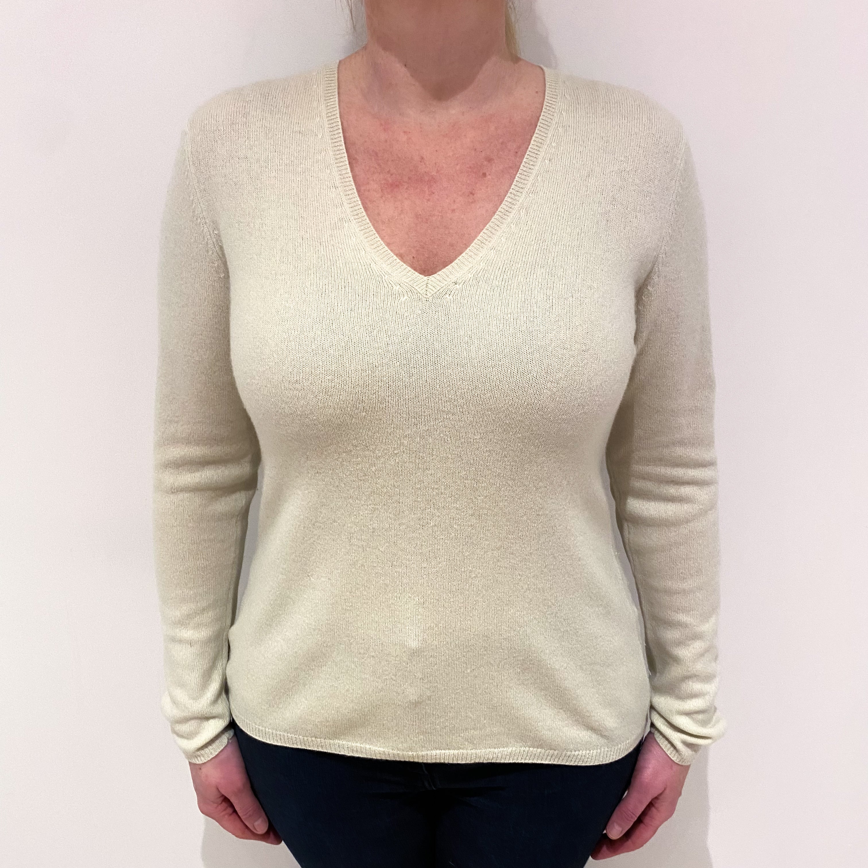 Palest Green Elbow Patch Cashmere V-Neck Jumper Large