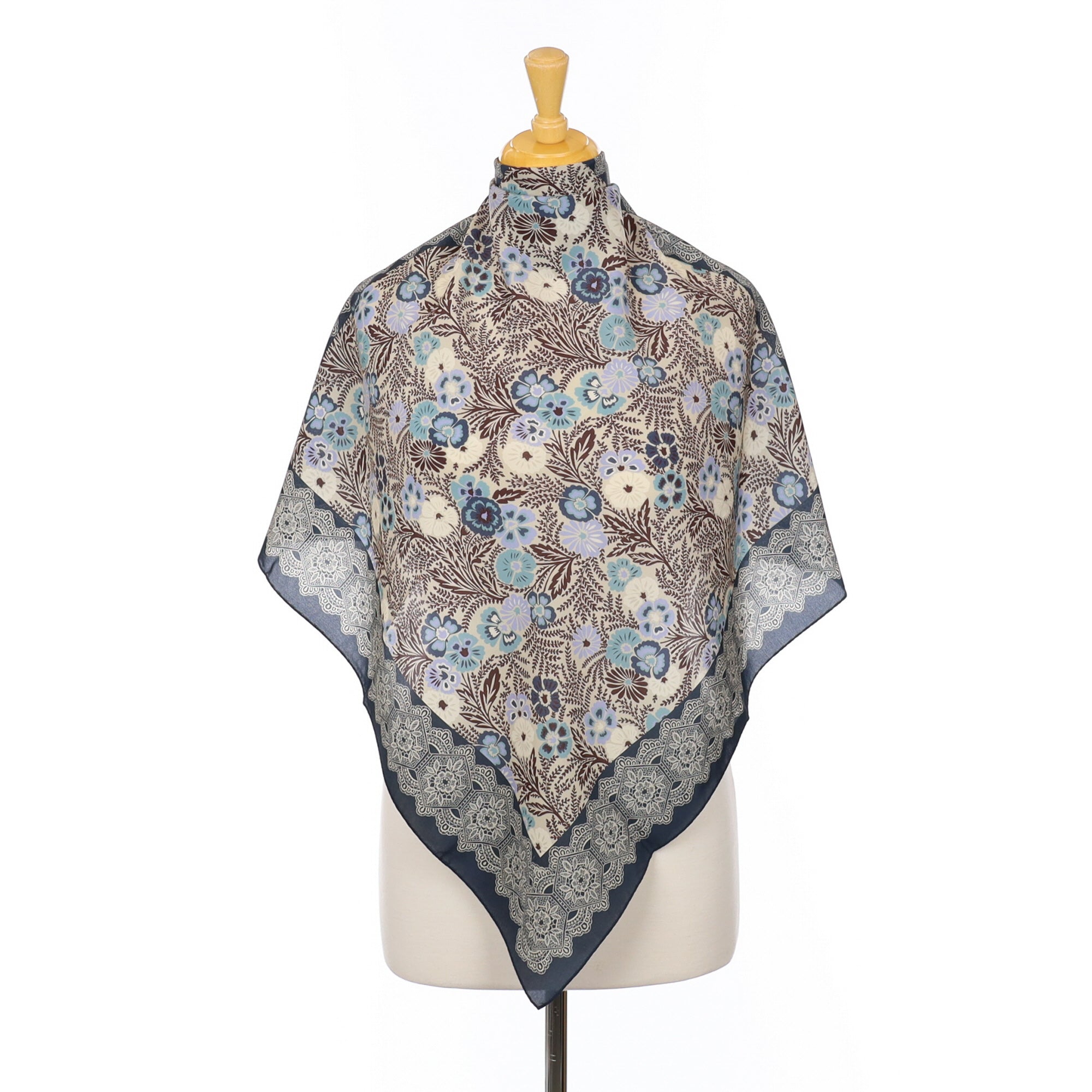 Immaculate Italian Blue and Brown Floral Silk Scarf