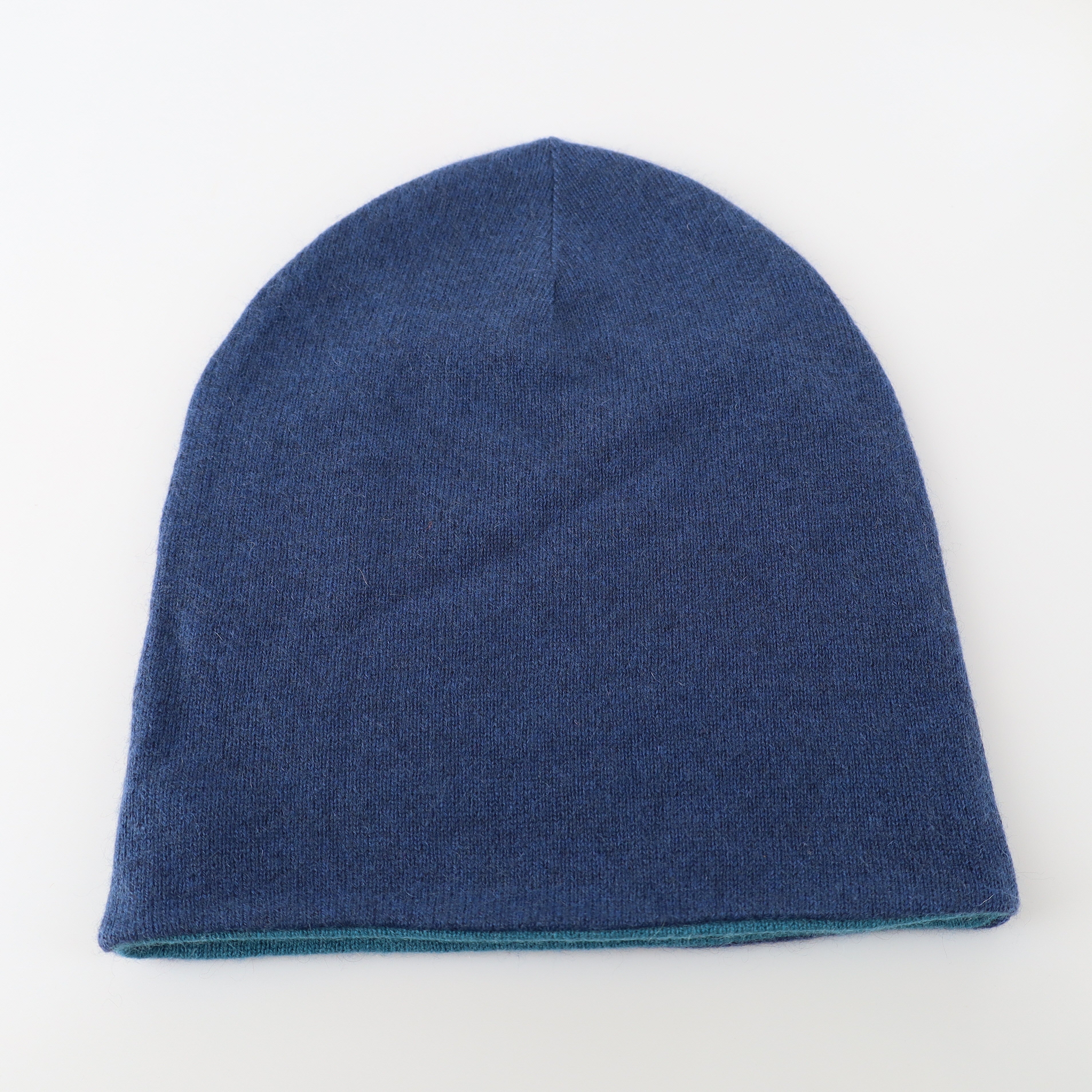 Naval Blue and Ocean Green Reversible Cashmere Beanie Hat