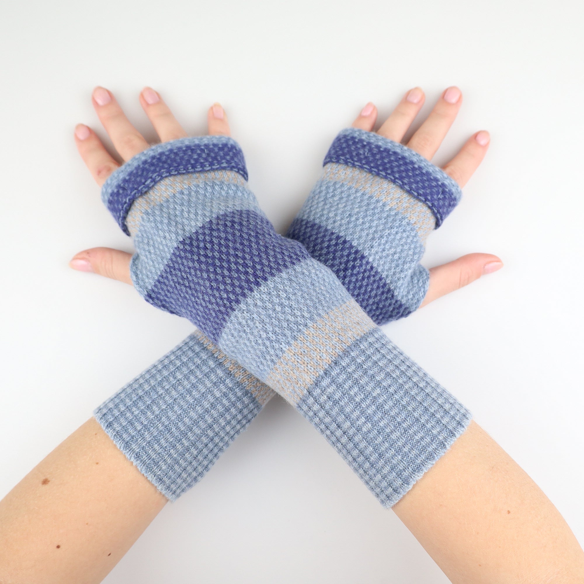 Dusky Blue Striped Fingerless Gloves