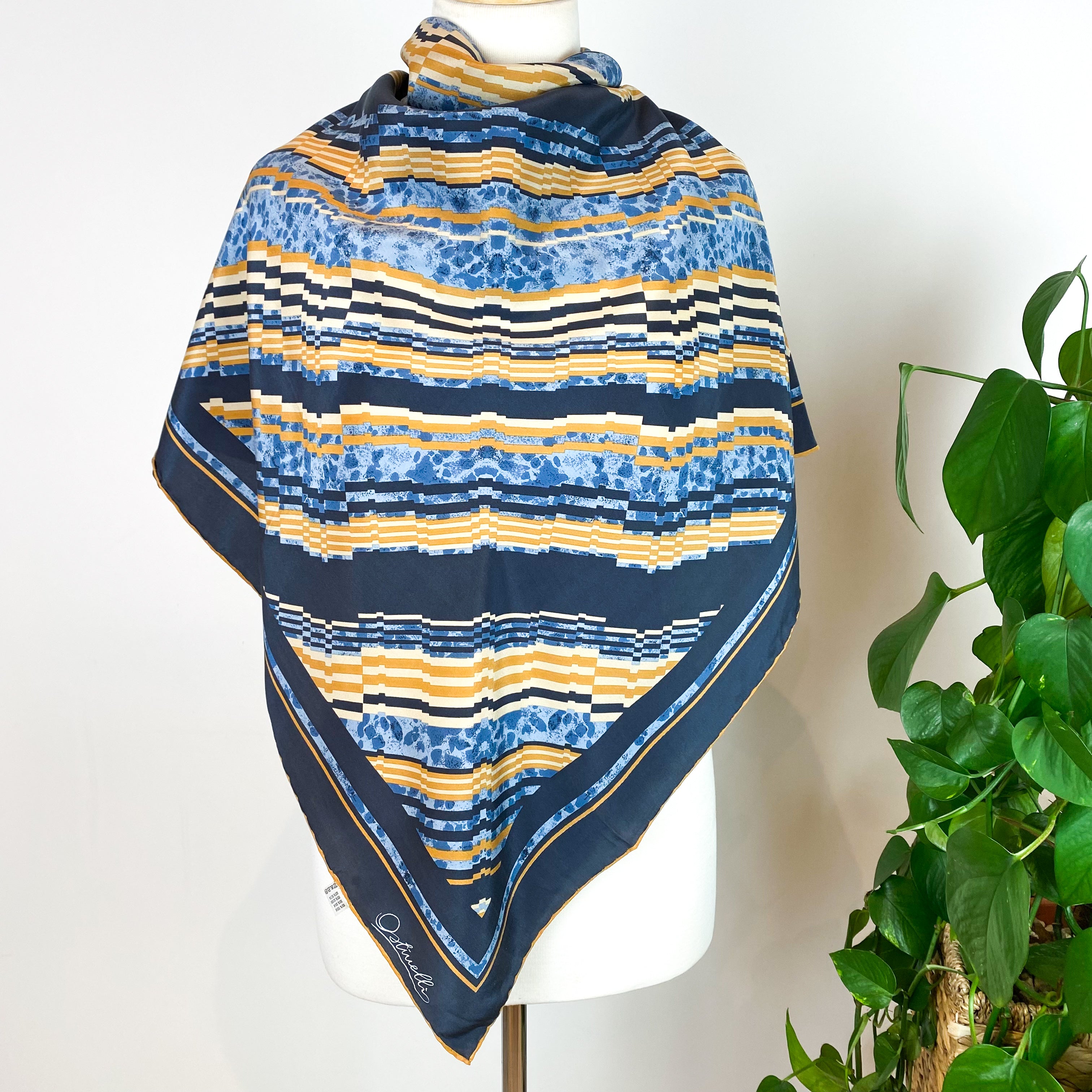 Ostinelli Navy Abstract Striped Vintage Silk Scarf