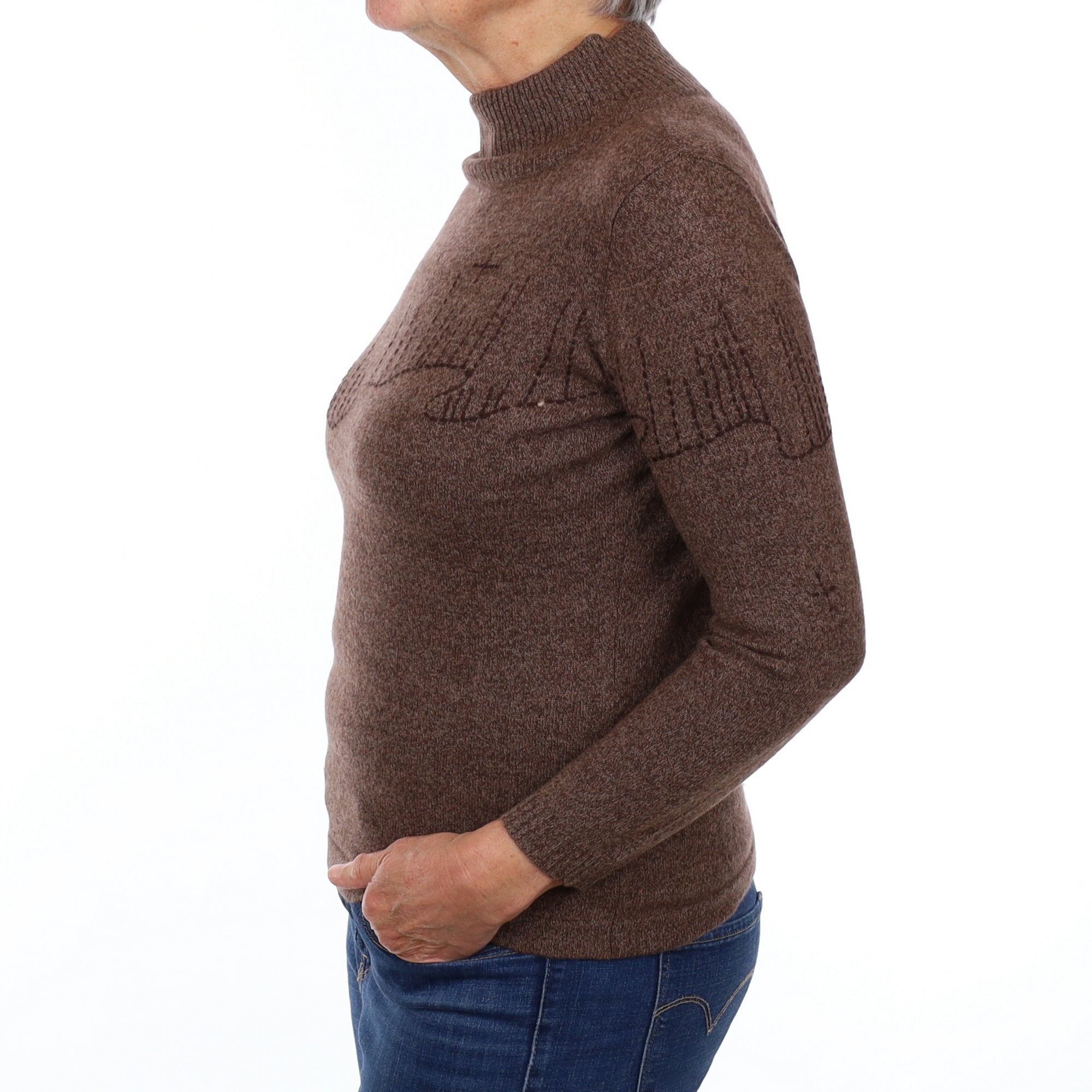 Chocolate Brown Marl Patterned Cashmere Turtle Neck Jumper Medium