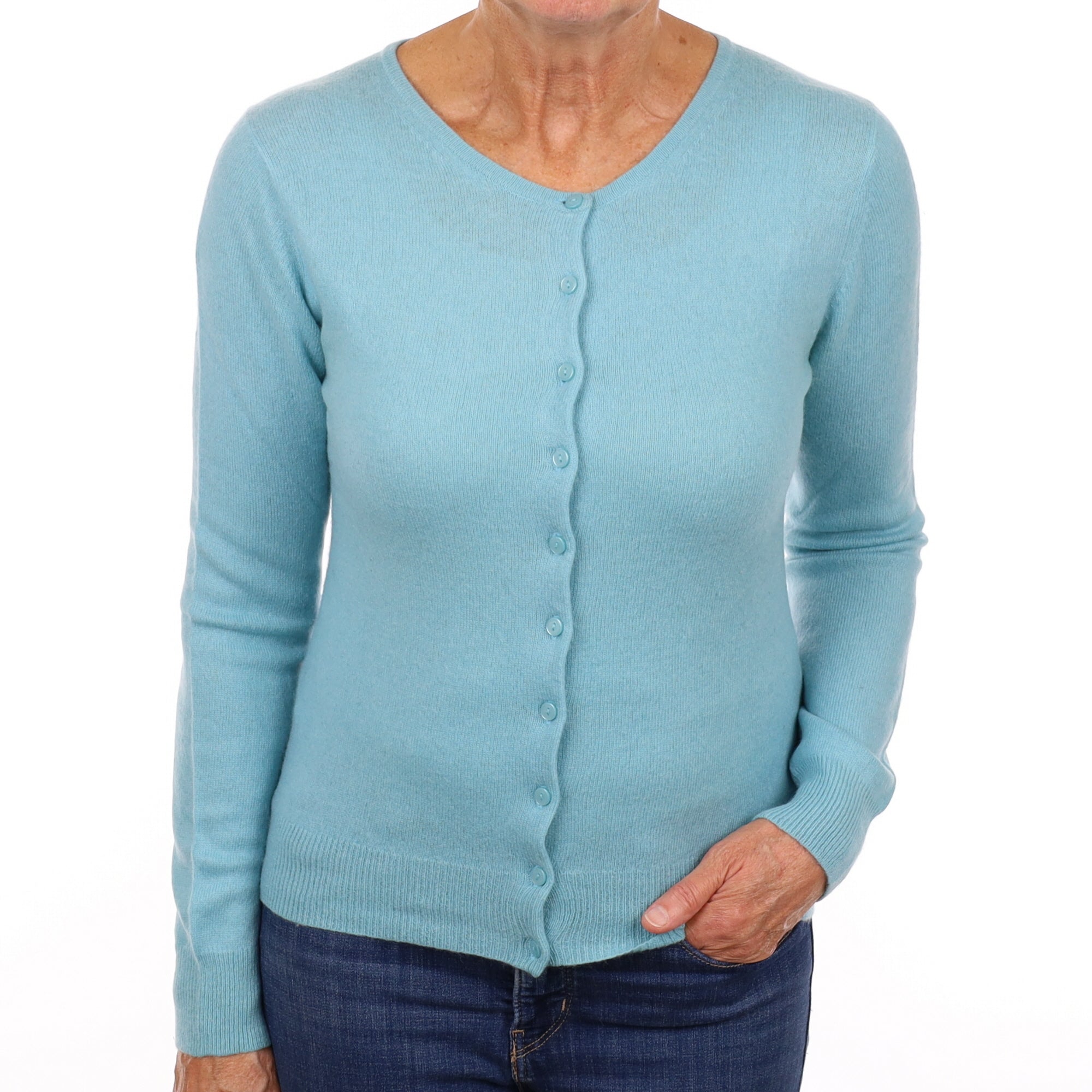 Aqua Blue Cashmere Crew Neck Cardigan Medium