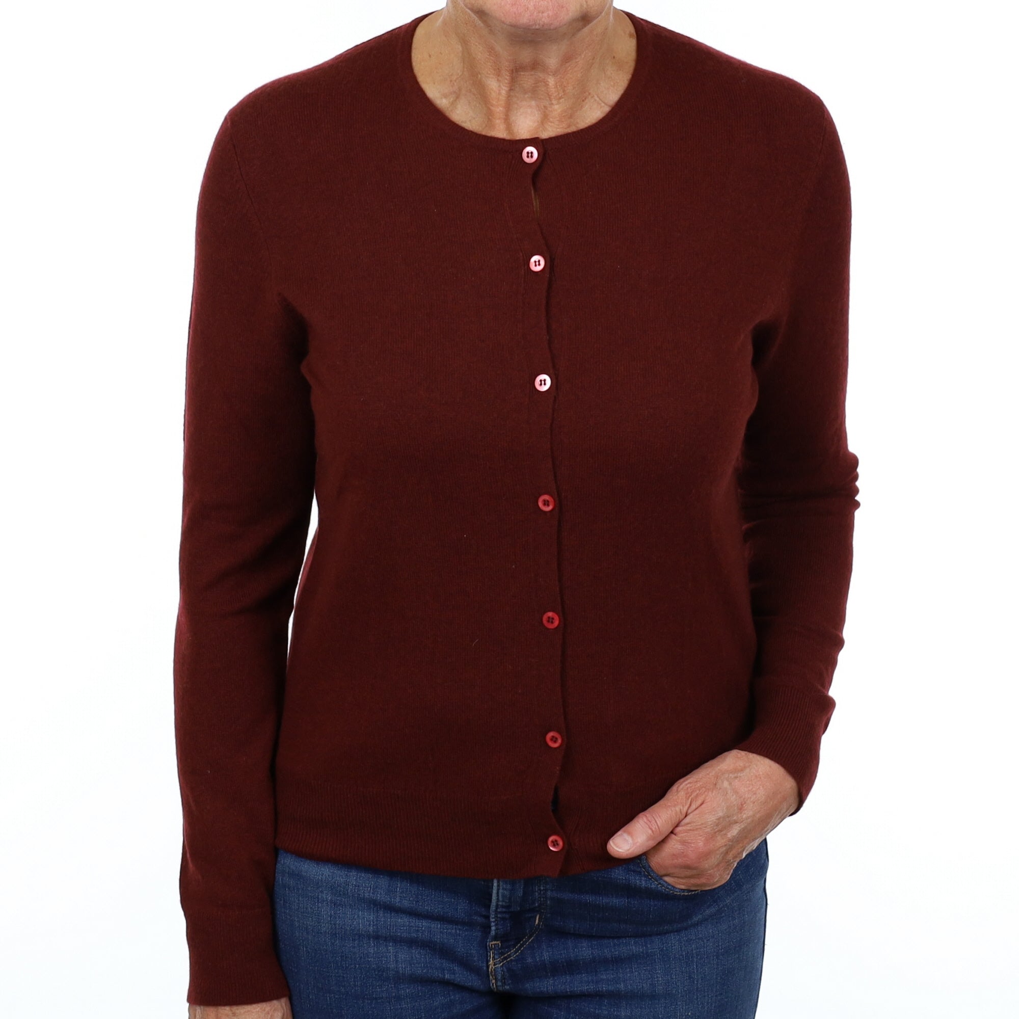 TSE Wine Red Cashmere Crew Neck Cardigan Medium