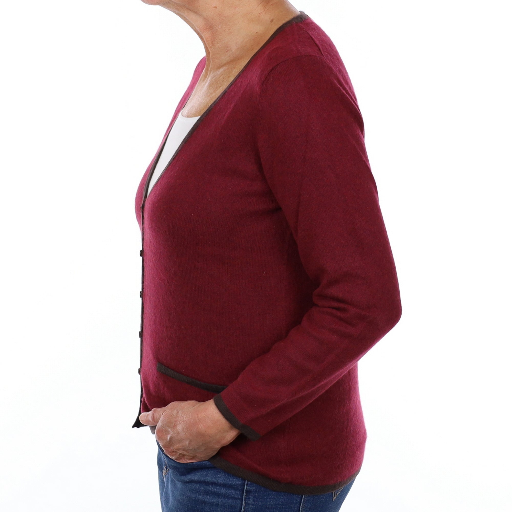 Burgundy Brown Trimmed Cashmere V Neck Cardigan Medium