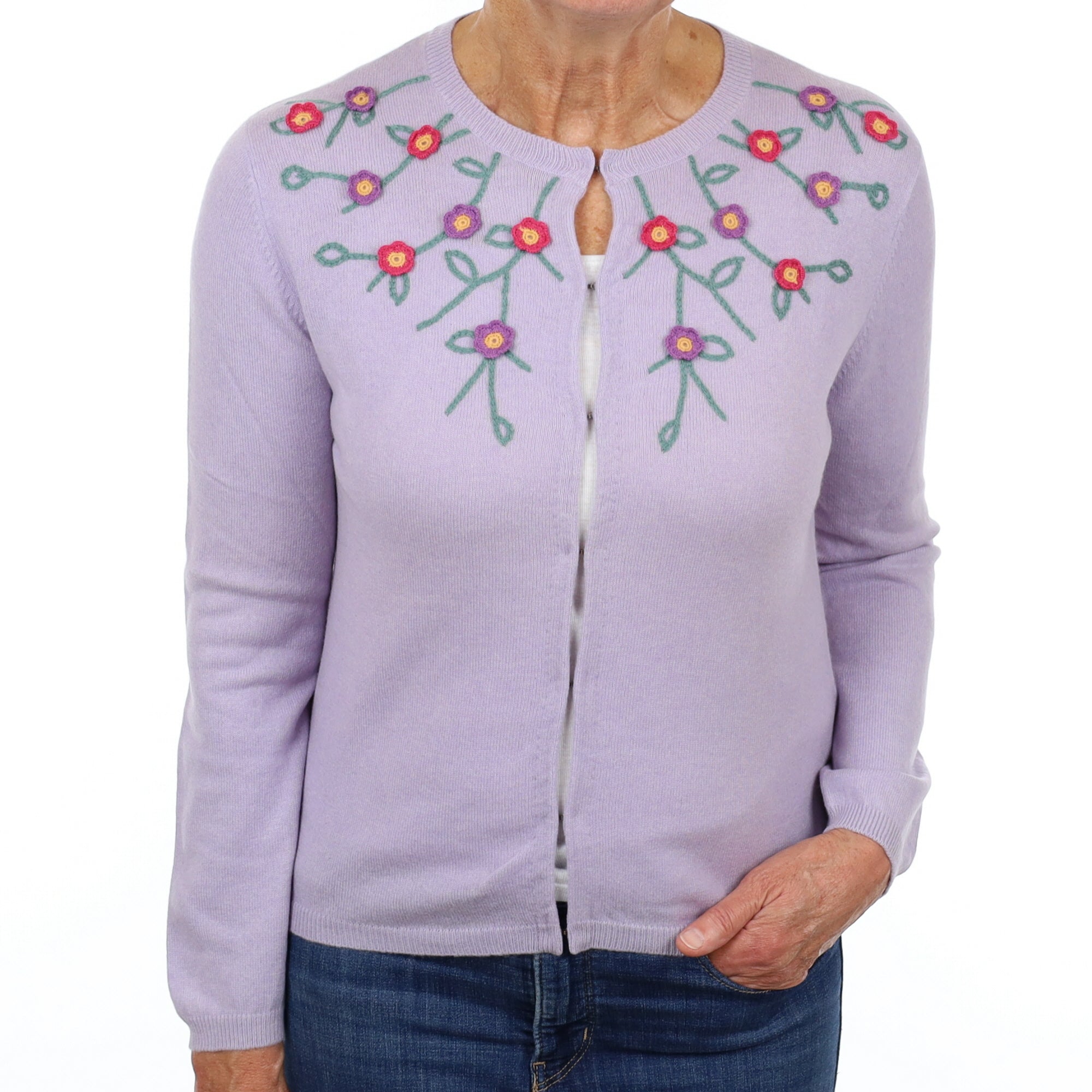 Pale Purple Floral Embellished Cashmere Crew Neck Cardigan Medium