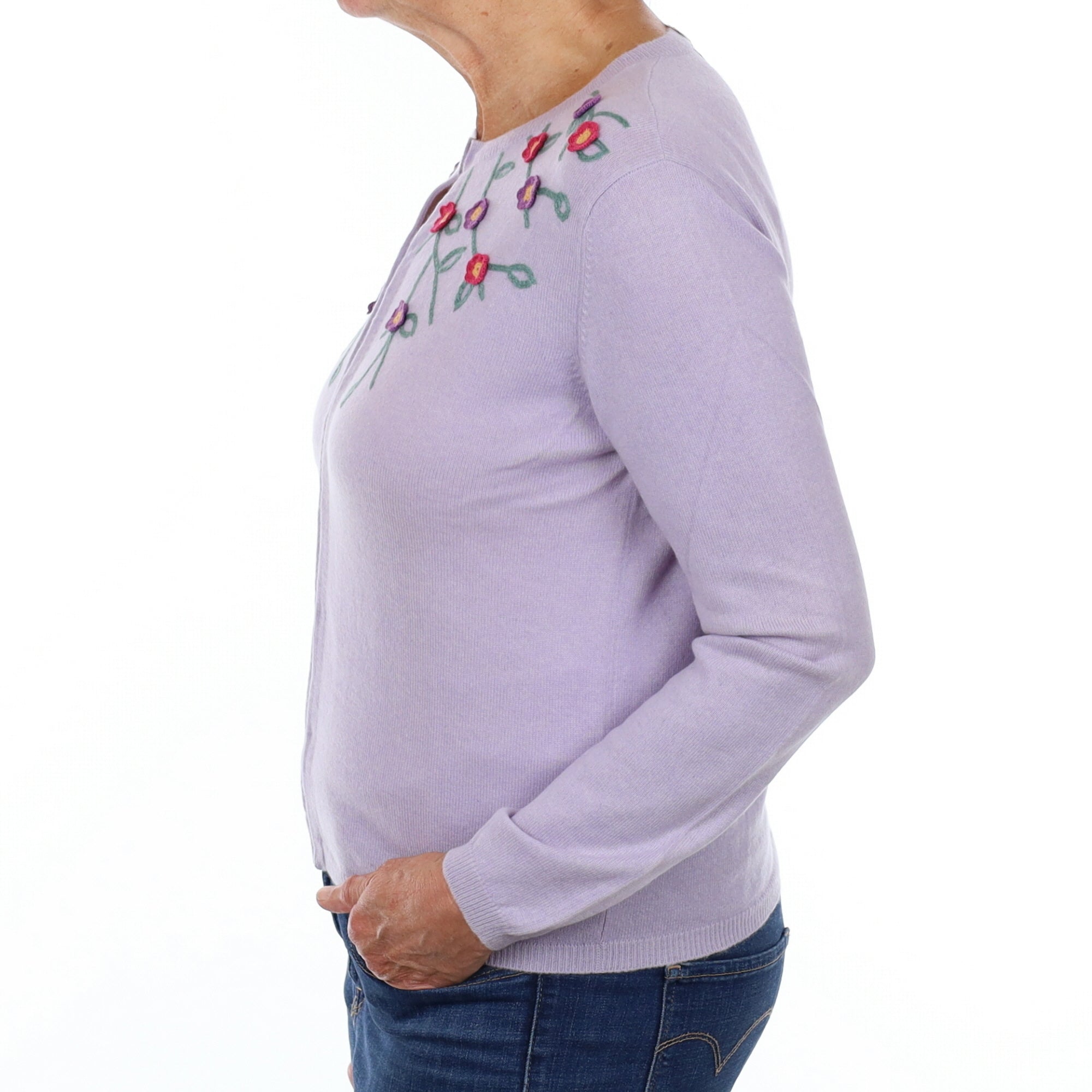 Pale Purple Floral Embellished Cashmere Crew Neck Cardigan Medium