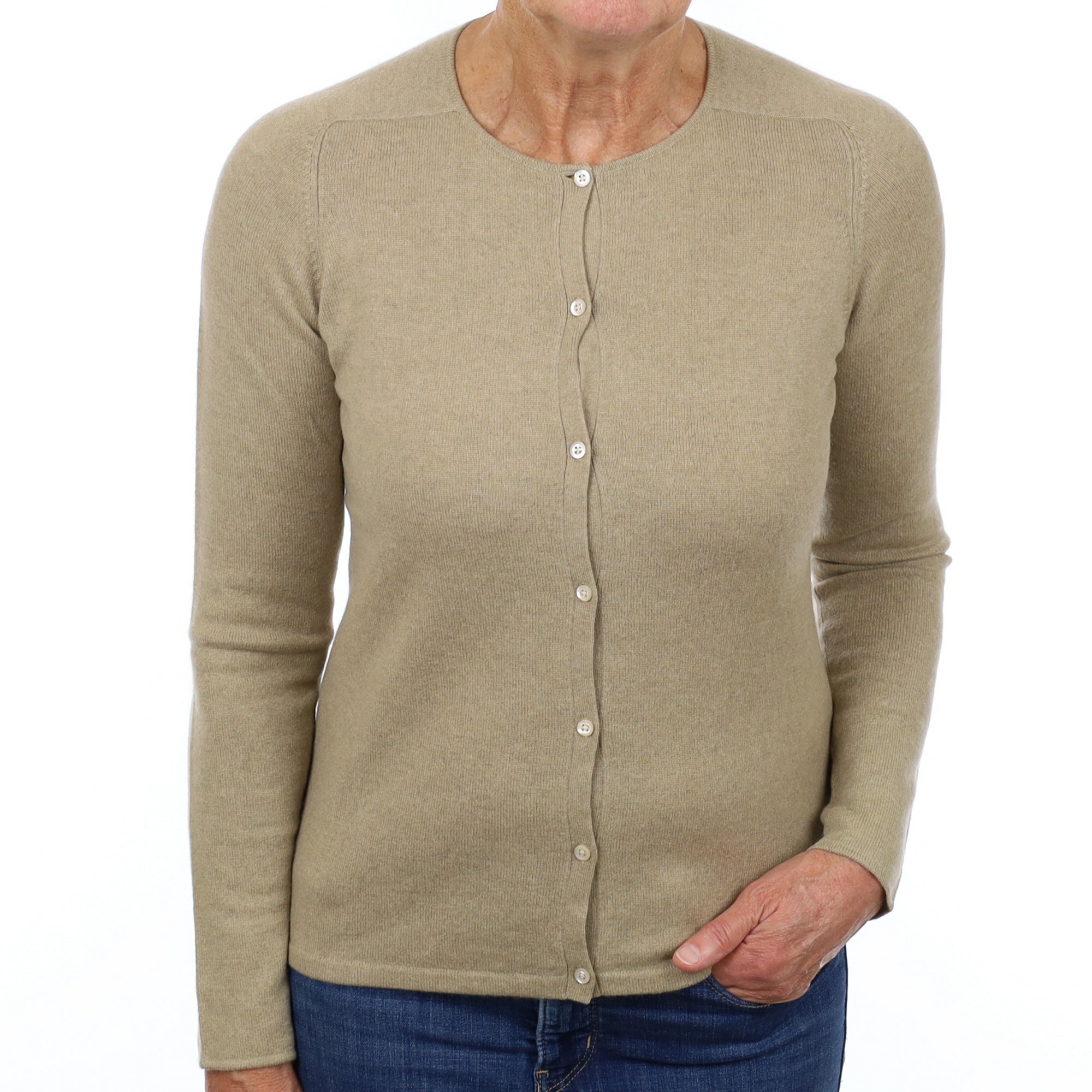 Soft Khaki Brown Cashmere Crew Neck Cardigan Medium