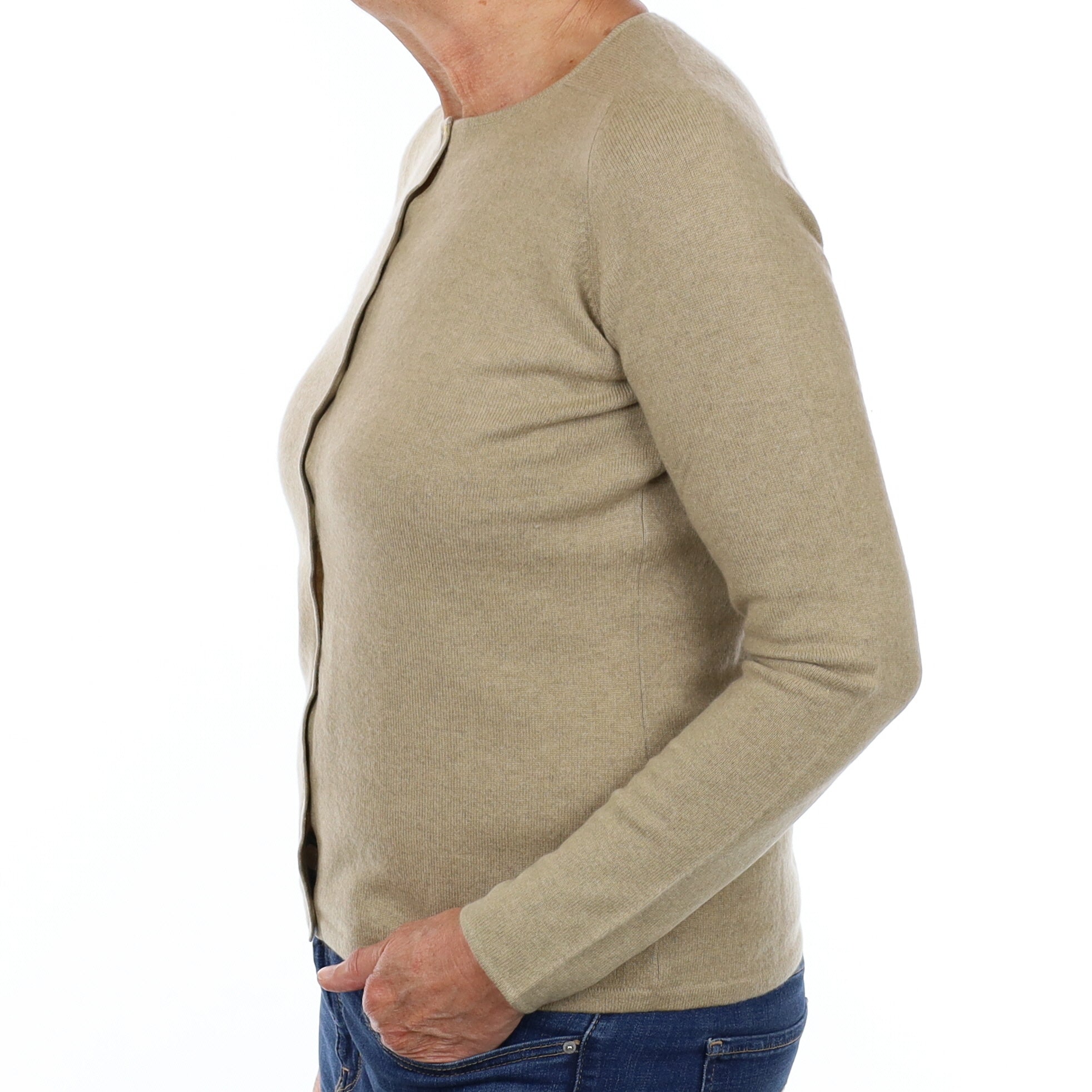 Soft Khaki Brown Cashmere Crew Neck Cardigan Medium