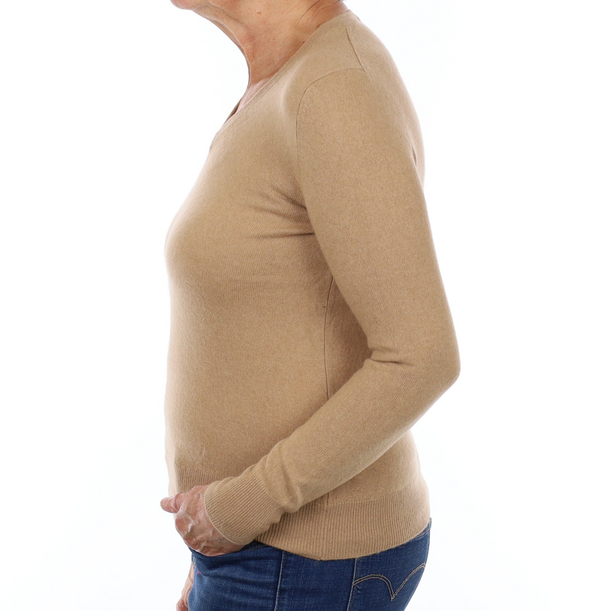 Camel Brown Cashmere V Neck Jumper Medium